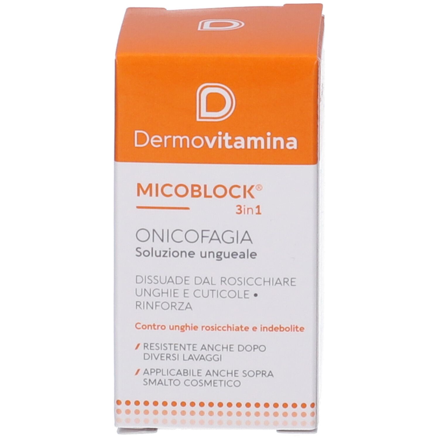 Verpackung mit Produktnamen Dermovitamina Micoblock Onicofagia und Text.