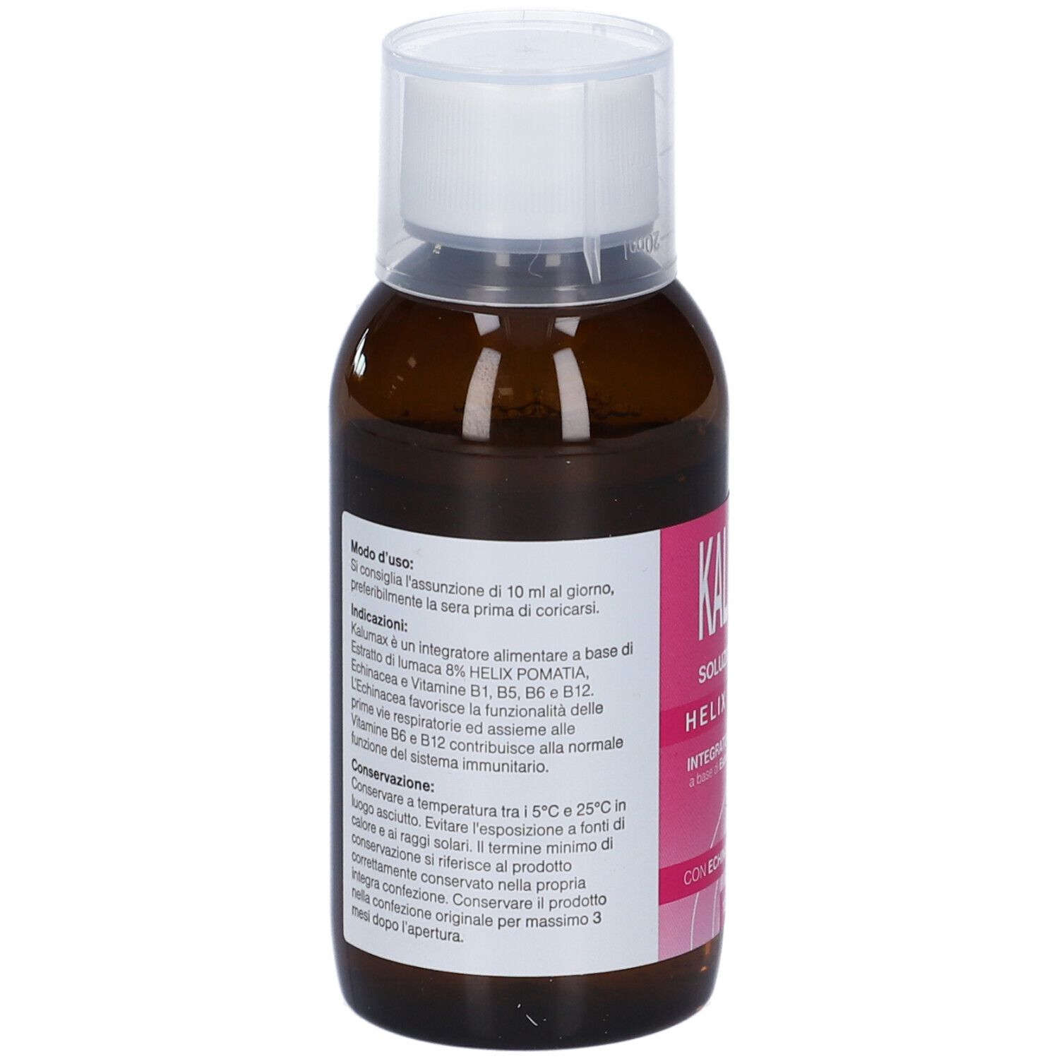 Rückseite der braunen Flasche. Rosa Etikett mit Text. Weißer Deckel.