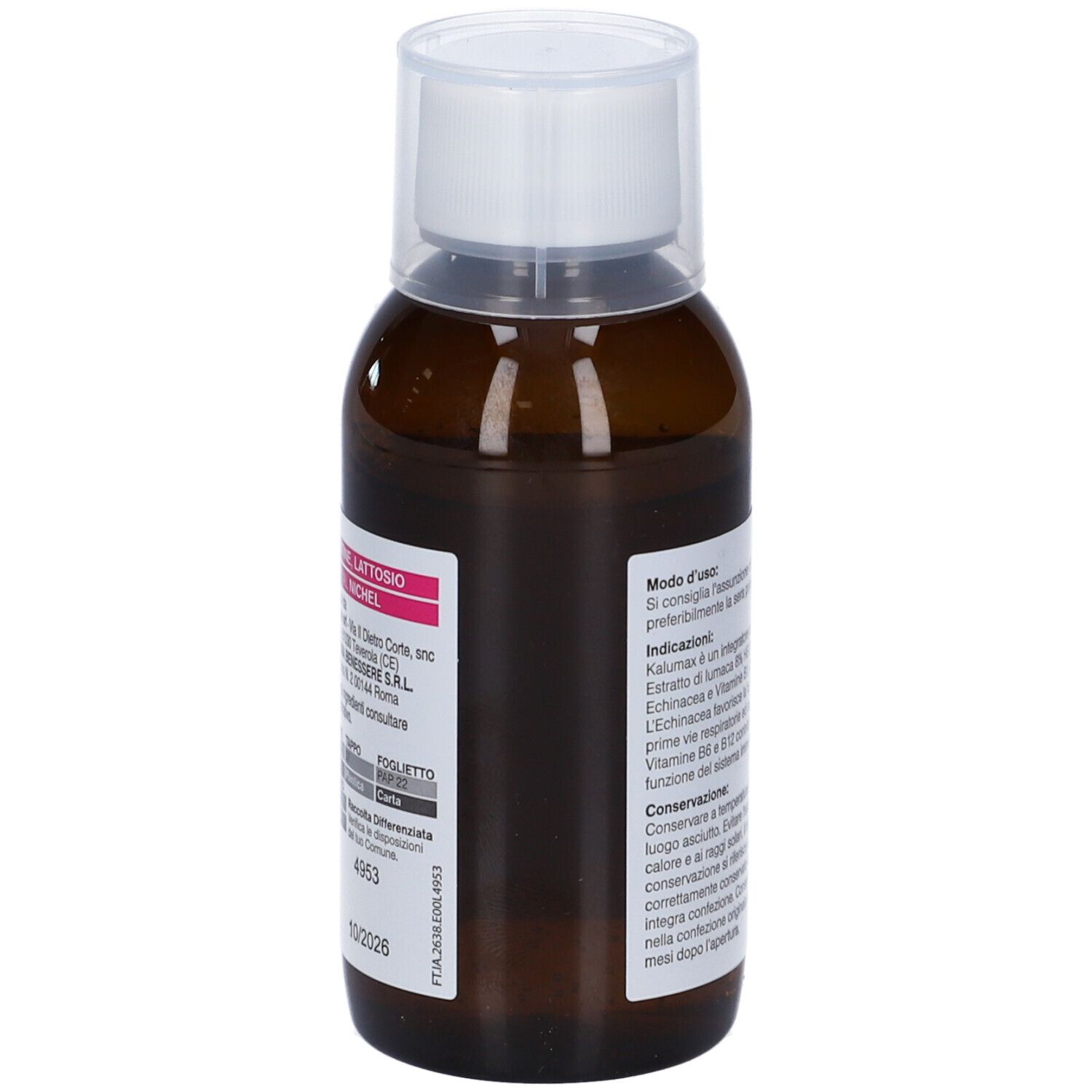 Rückseite der braunen Flasche. Rosa Etikett mit Text. Weißer Deckel.