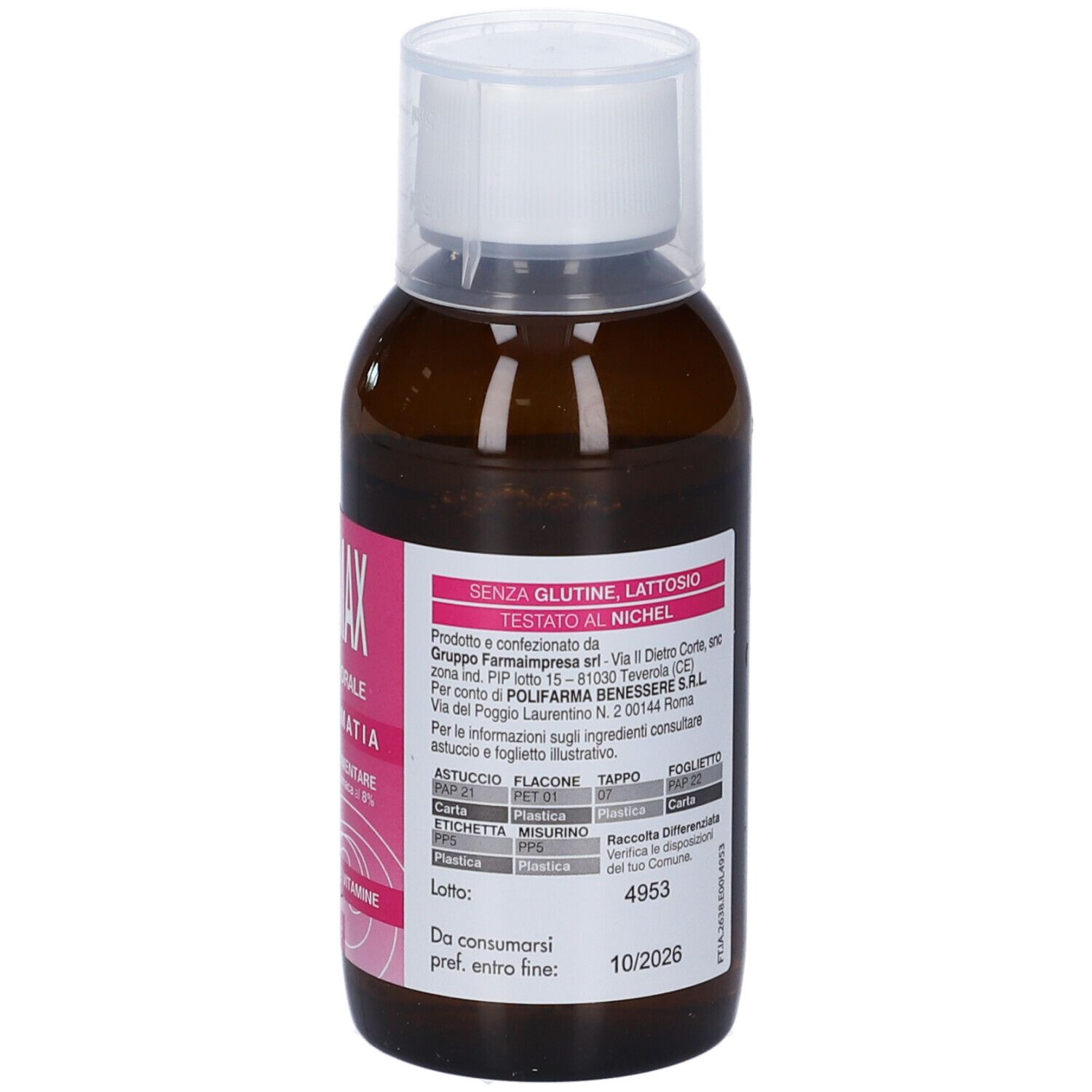 Rückseite der braunen Flasche. Rosa Etikett mit Text. Weißer Deckel.