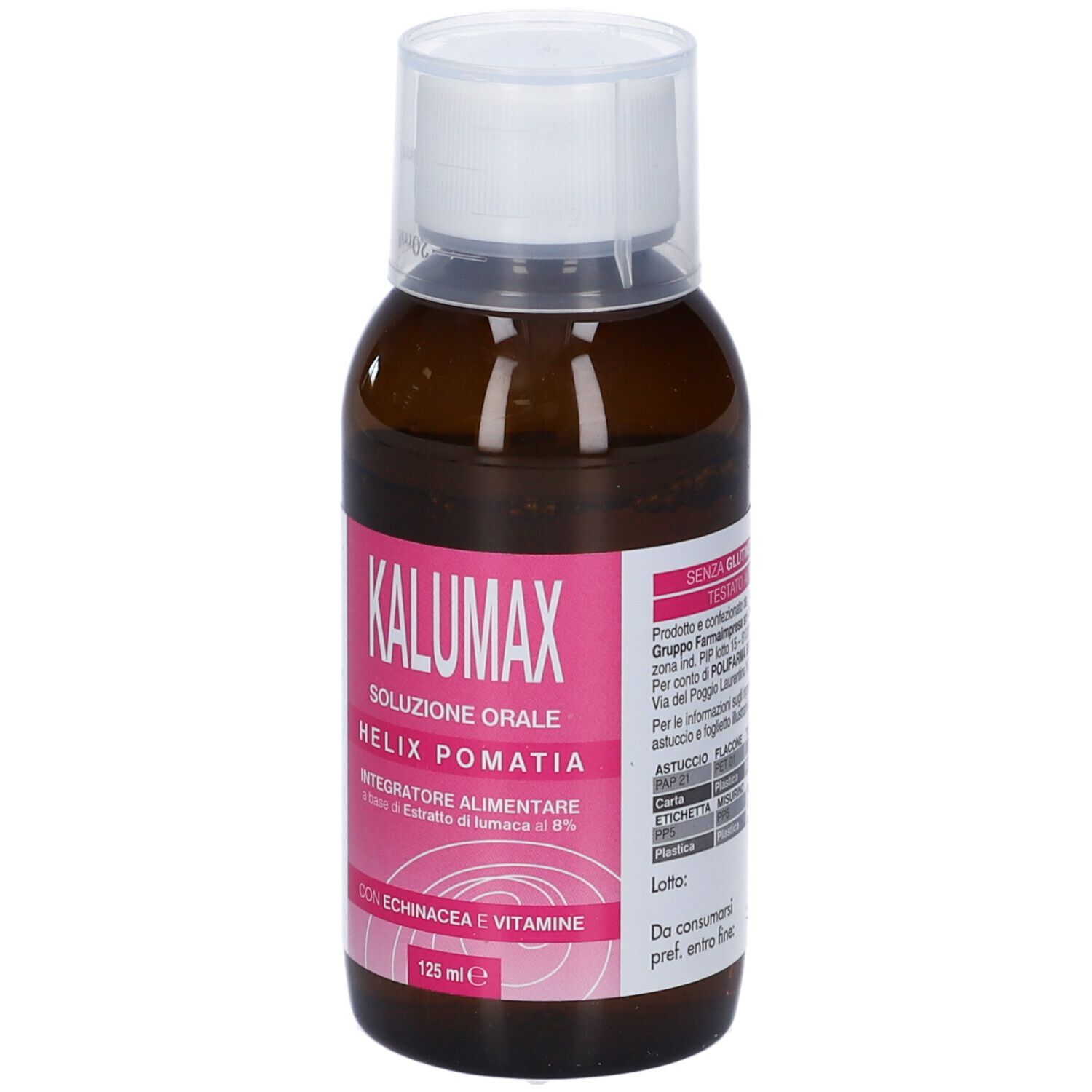 Braune Flasche mit weißem Deckel. Rosa Etikett mit Text: Kalumax, Soluzione Orale, Helix Pomatia, 125 ml.