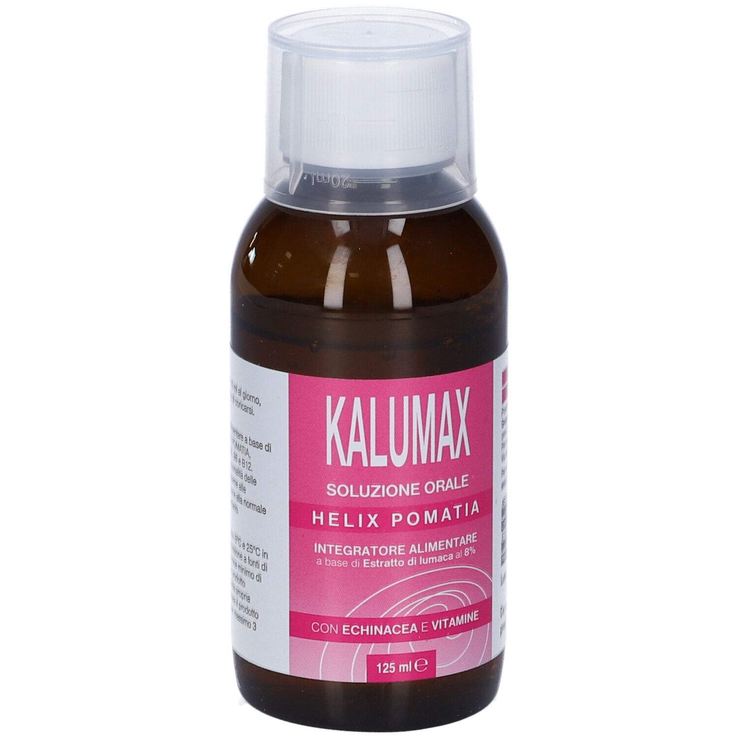 Braune Flasche mit weißem Deckel. Rosa Etikett mit Text: Kalumax, Soluzione Orale, Helix Pomatia, 125 ml.