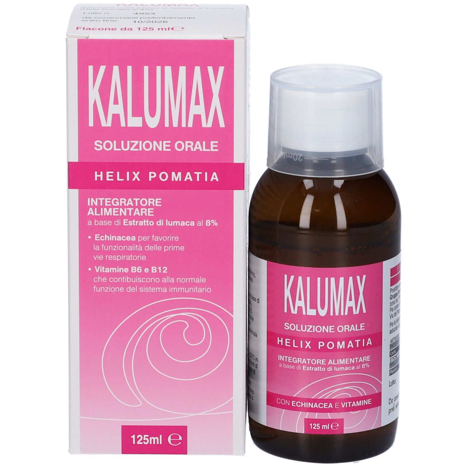 Produktverpackung und Flasche. Rosa Verpackung mit Text: Kalumax, Soluzione Orale, Helix Pomatia, 125 ml.
