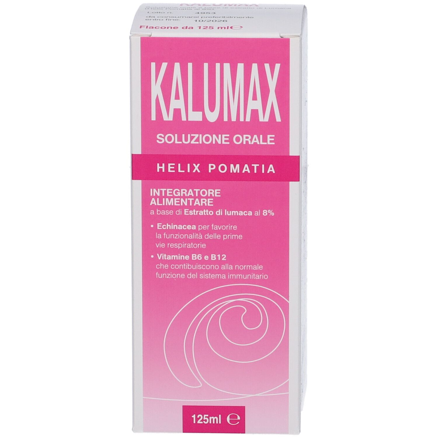 Produktverpackung. Rosa Verpackung mit Text: Kalumax, Soluzione Orale, Helix Pomatia, 125 ml.