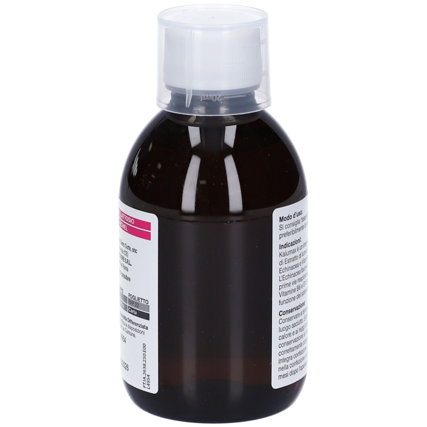 Seitenansicht einer braunen Flasche mit weißem Deckel. Text auf Etikett.