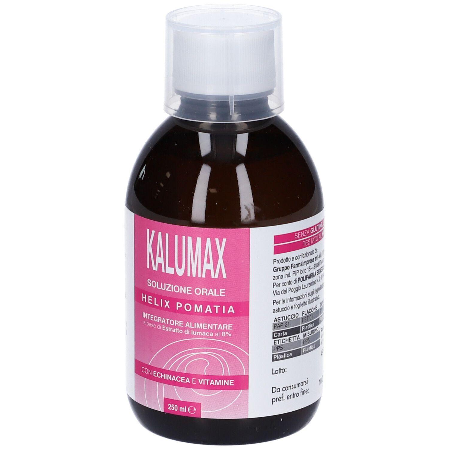 Braune Flasche mit weißem Deckel. Rosa Etikett mit Text: Kalumax Soluzione Orale, Helix Pomatia, 250 ml.