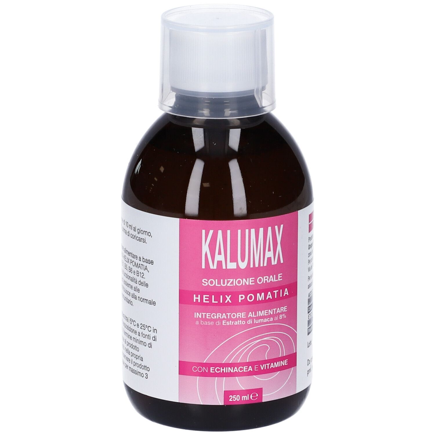 Braune Flasche mit weißem Deckel. Rosa Etikett mit Text: Kalumax Soluzione Orale, Helix Pomatia, 250 ml.