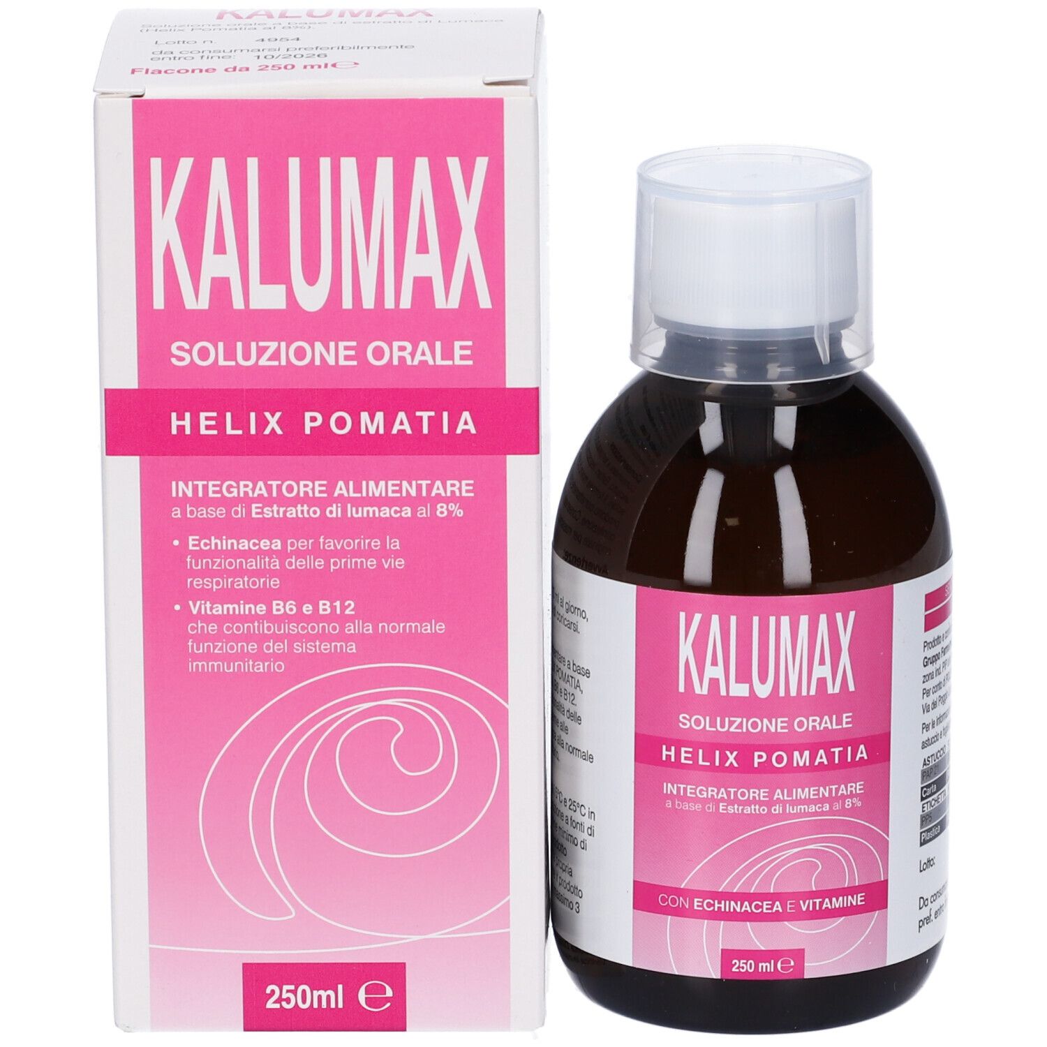 Produktflasche und Verpackung. Verpackung mit Text: Kalumax Soluzione Orale, Helix Pomatia, 250 ml.
