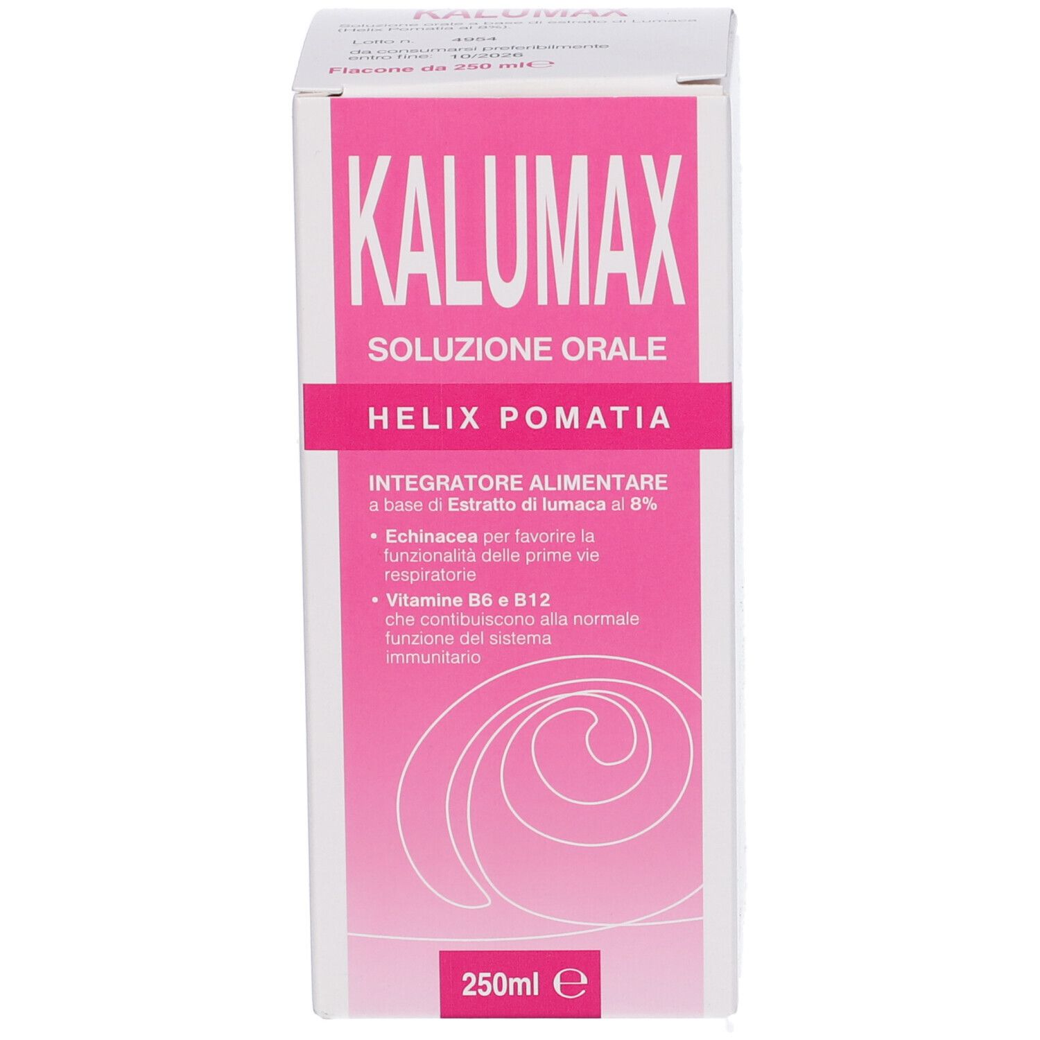 Produktverpackung. Text: Kalumax Soluzione Orale, Helix Pomatia, 250 ml.