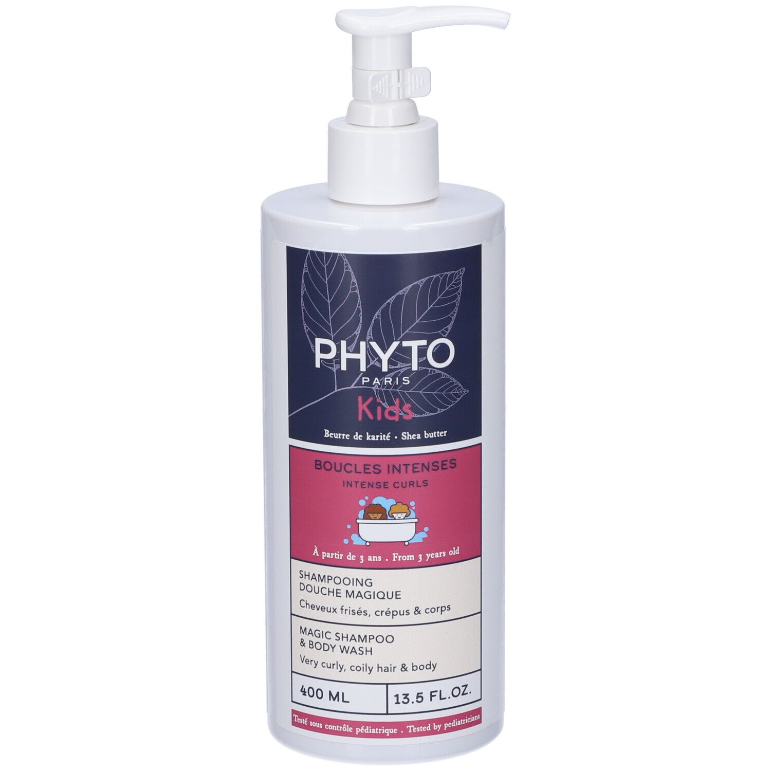 Flacone bianco con dosatore. Etichetta con logo, nome prodotto e informazioni. 400 ml. Per bambini dai 3 anni.