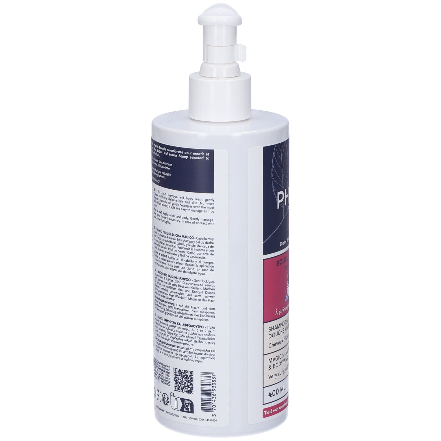 Flacone bianco con dosatore. Retro con testo multilingue. Codice QR e simboli di riciclo.