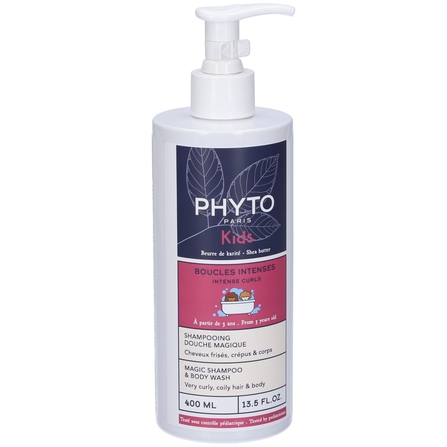 Flacone bianco con dosatore. Etichetta con logo, nome prodotto e informazioni. 400 ml. Per bambini dai 3 anni.