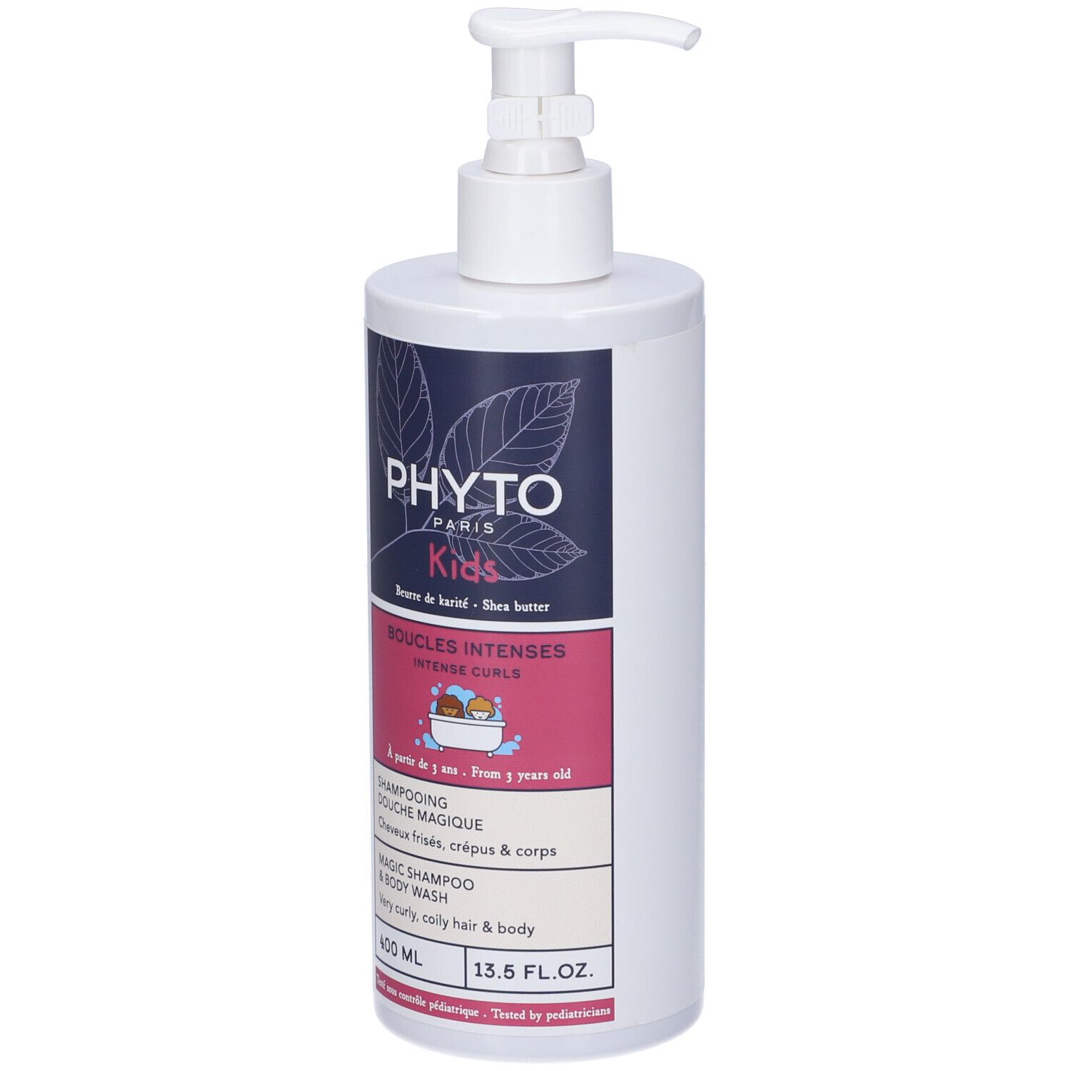Flacone bianco con dosatore. Etichetta con logo, nome prodotto e informazioni. 400 ml. Per bambini dai 3 anni.