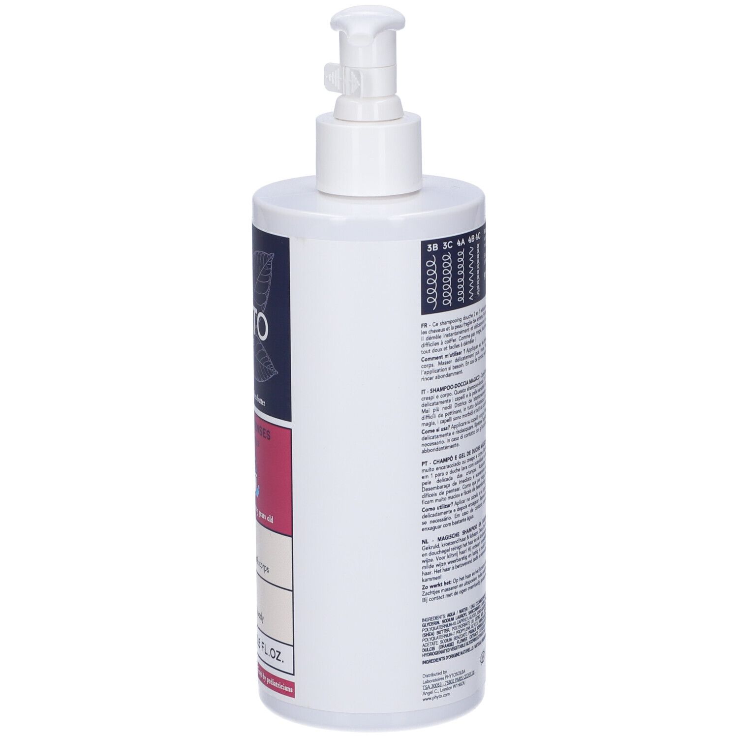 Flacone bianco con dosatore. Retro con testo multilingue. Codice QR e simboli di riciclo.
