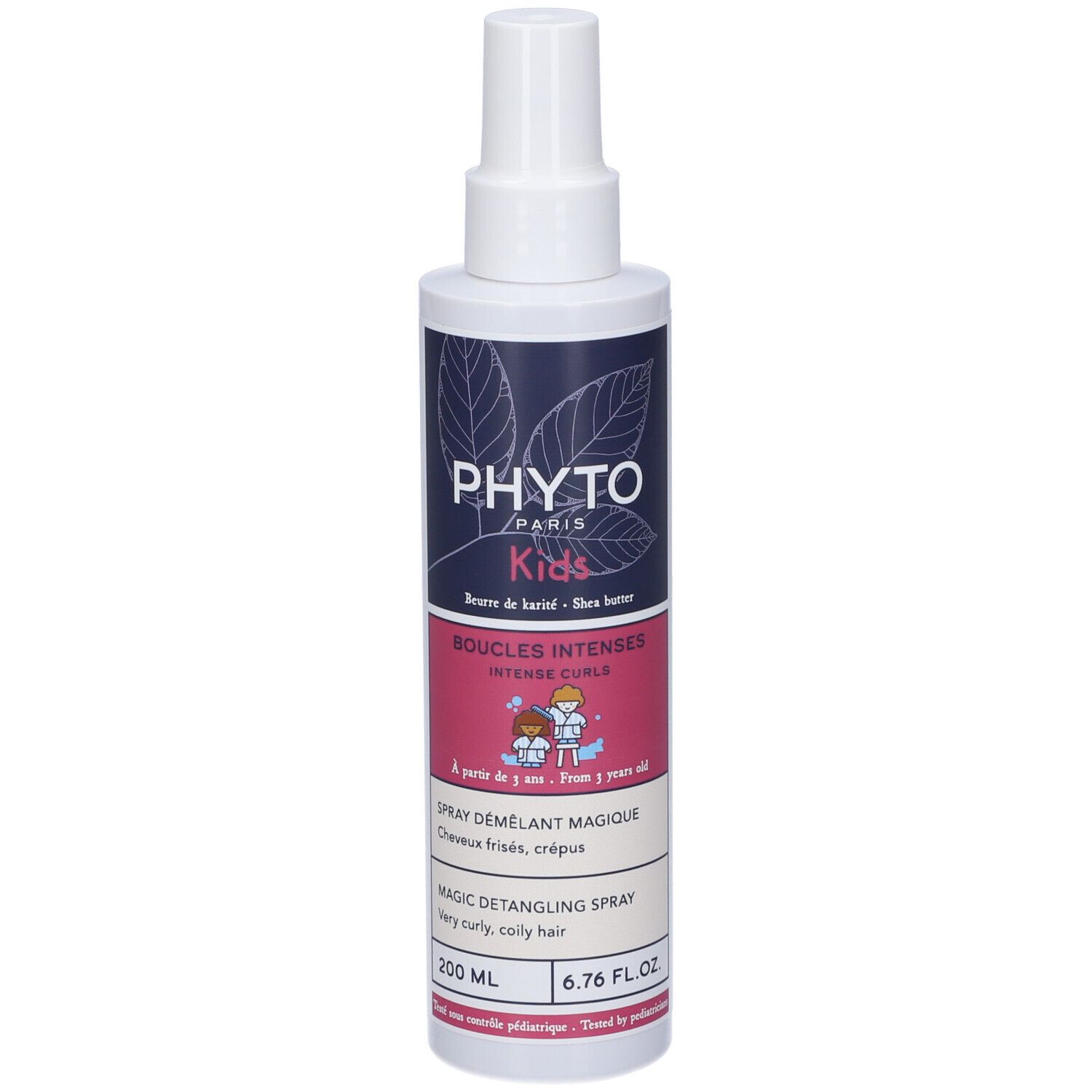 Flacone spray bianco con etichetta. Scritta: PHYTOS PARIS Kids, Boucles Intenses, Spray Démêlant Magique.
