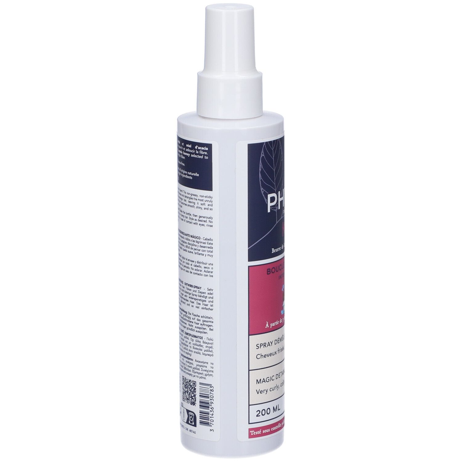 Flacone spray bianco, retro con testo. Etichetta con informazioni in più lingue, codice QR.