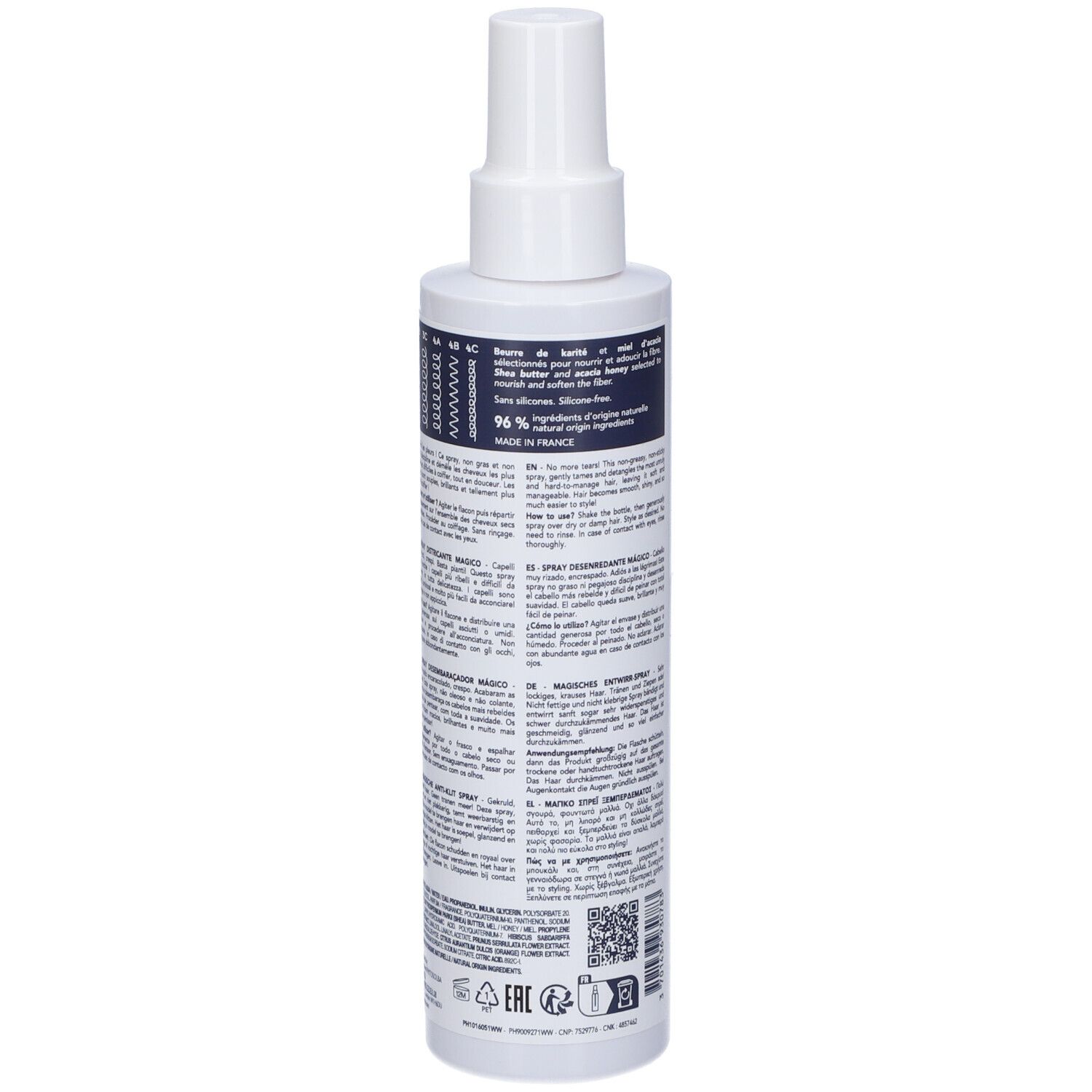 Flacone spray bianco, retro con testo. Etichetta con informazioni in più lingue, codice QR.