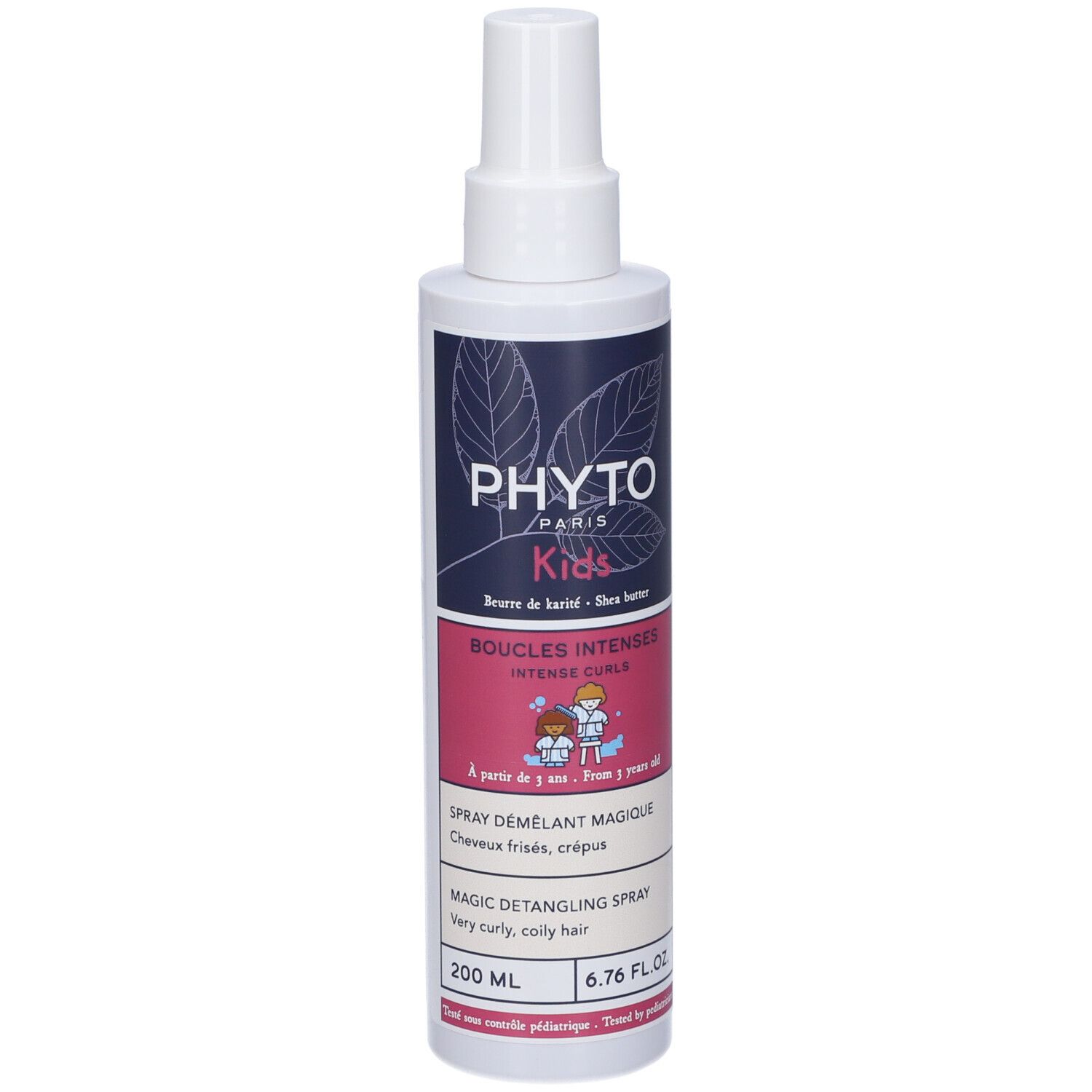 Flacone spray bianco con etichetta. Scritta: PHYTOS PARIS Kids, Boucles Intenses, Spray Démêlant Magique.