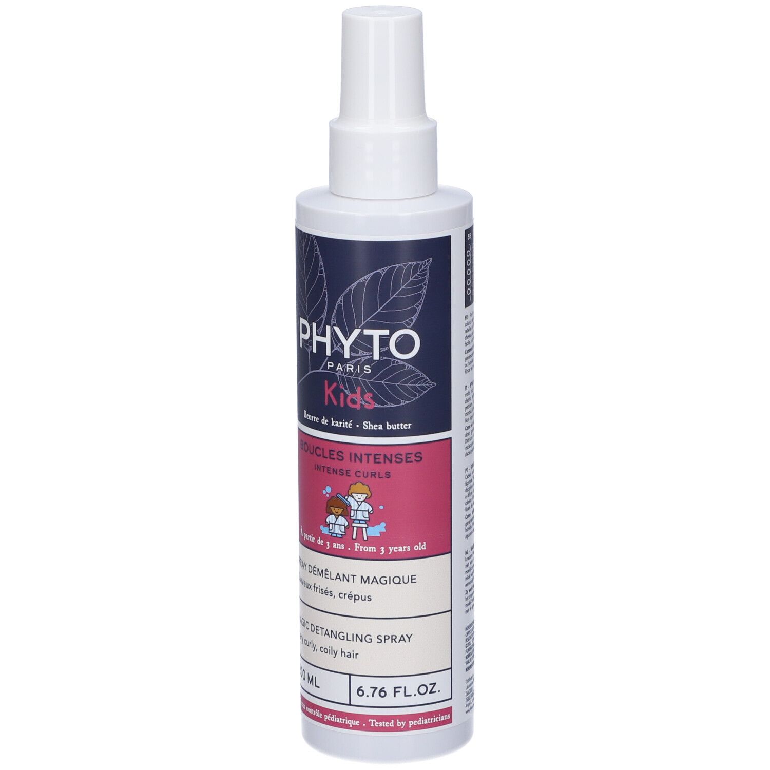 Flacone spray bianco con etichetta. Scritta: PHYTOS PARIS Kids, Boucles Intenses, Spray Démêlant Magique.