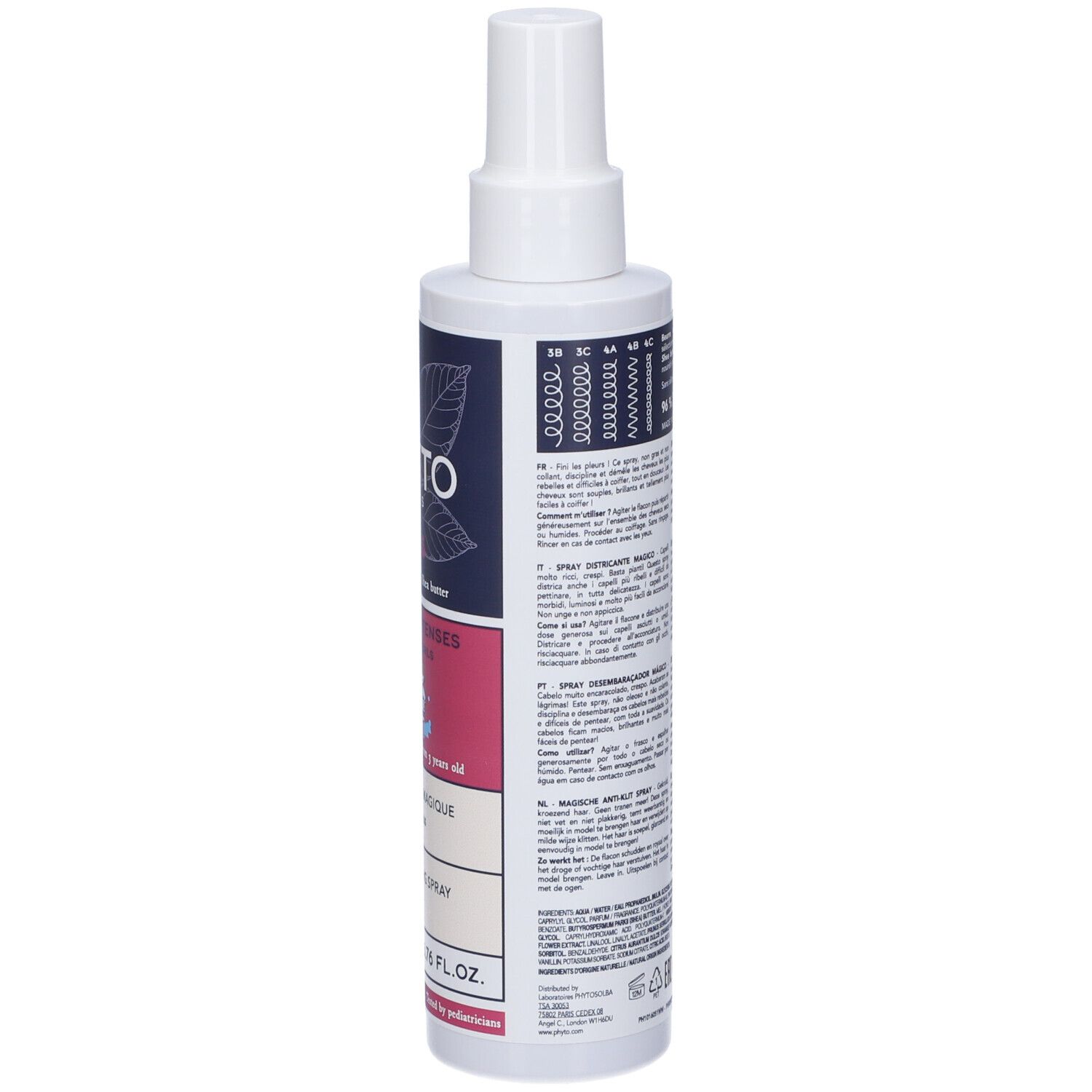 Flacone spray bianco, retro con testo. Etichetta con informazioni in più lingue, codice QR.