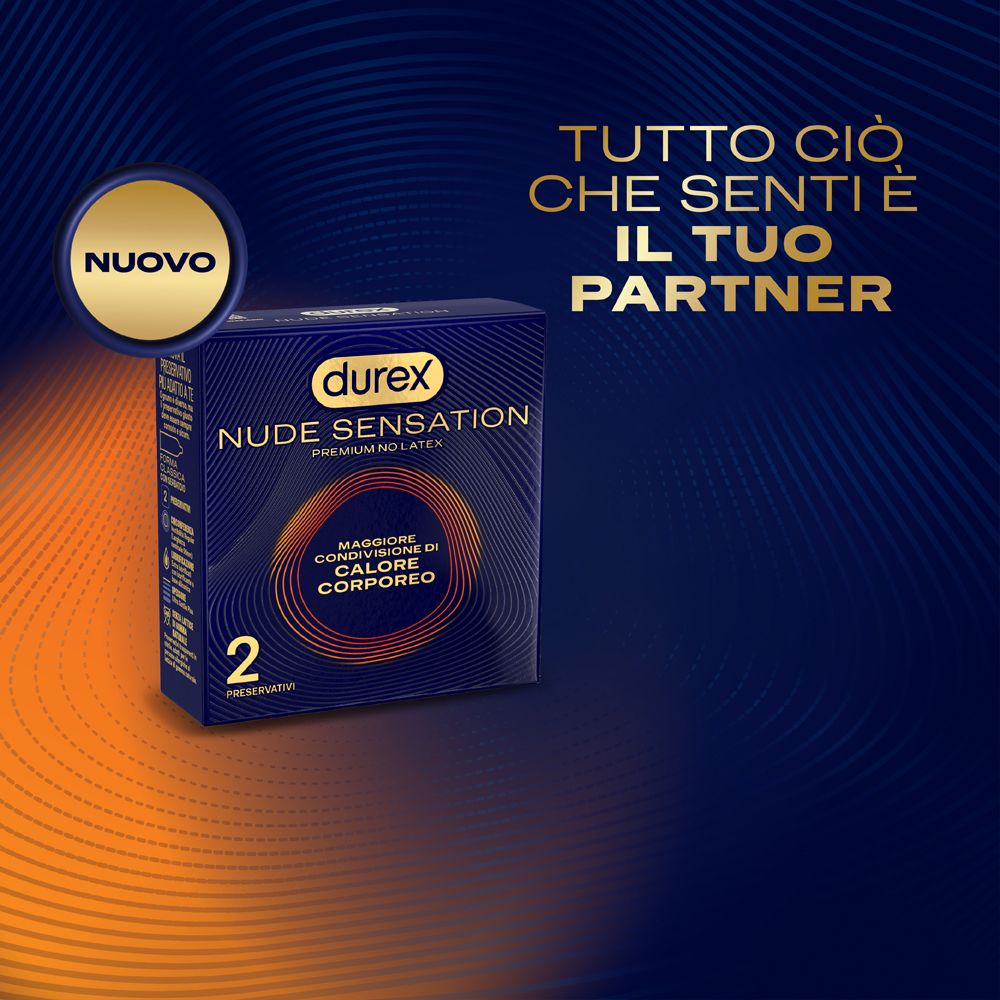 Durex Nude Sensation, Packung mit 2 Kondomen. Blaue Verpackung mit Text und Logo.