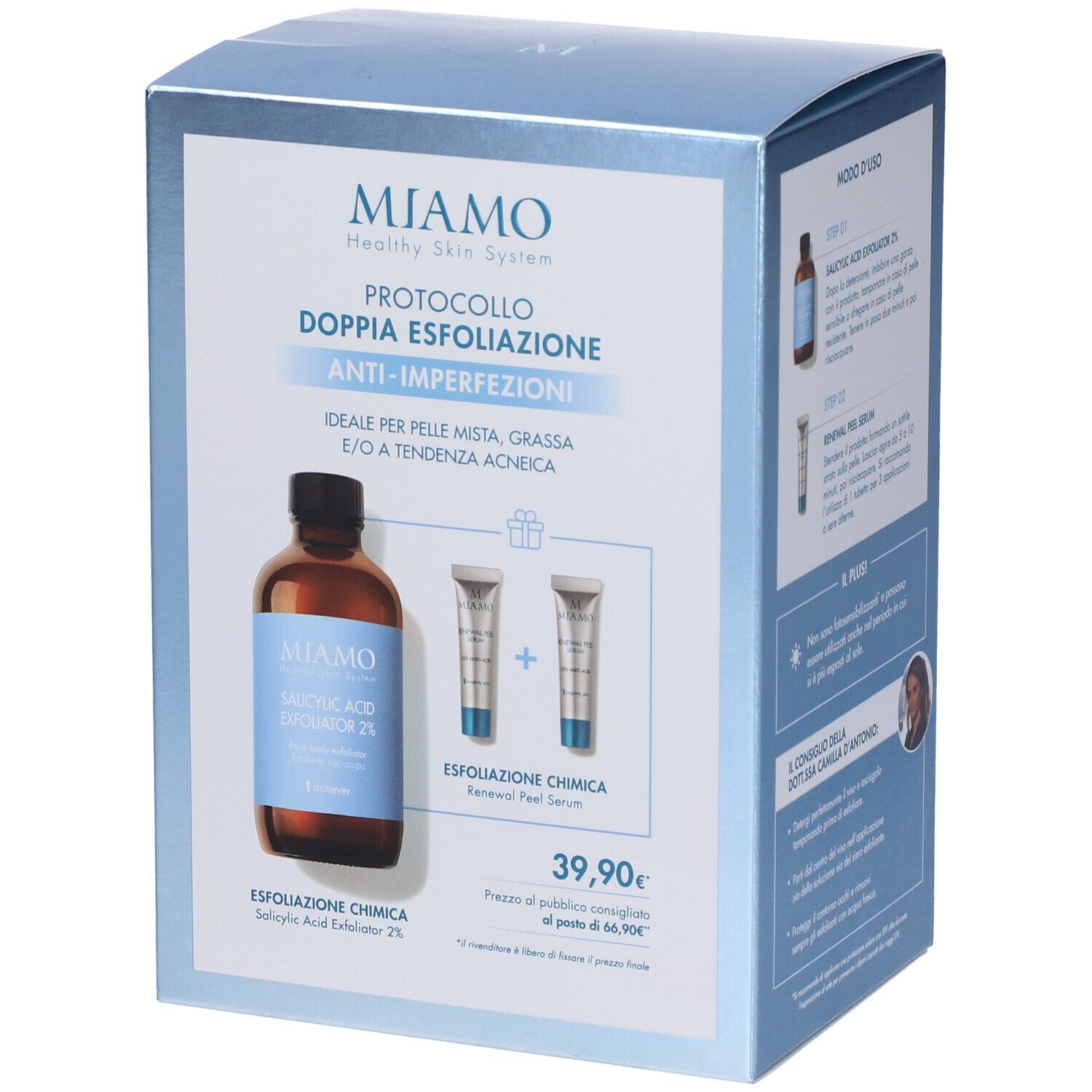 Confezione regalo MIAMO. Contiene flacone, due tubi e testo. Prezzo 39,90€.