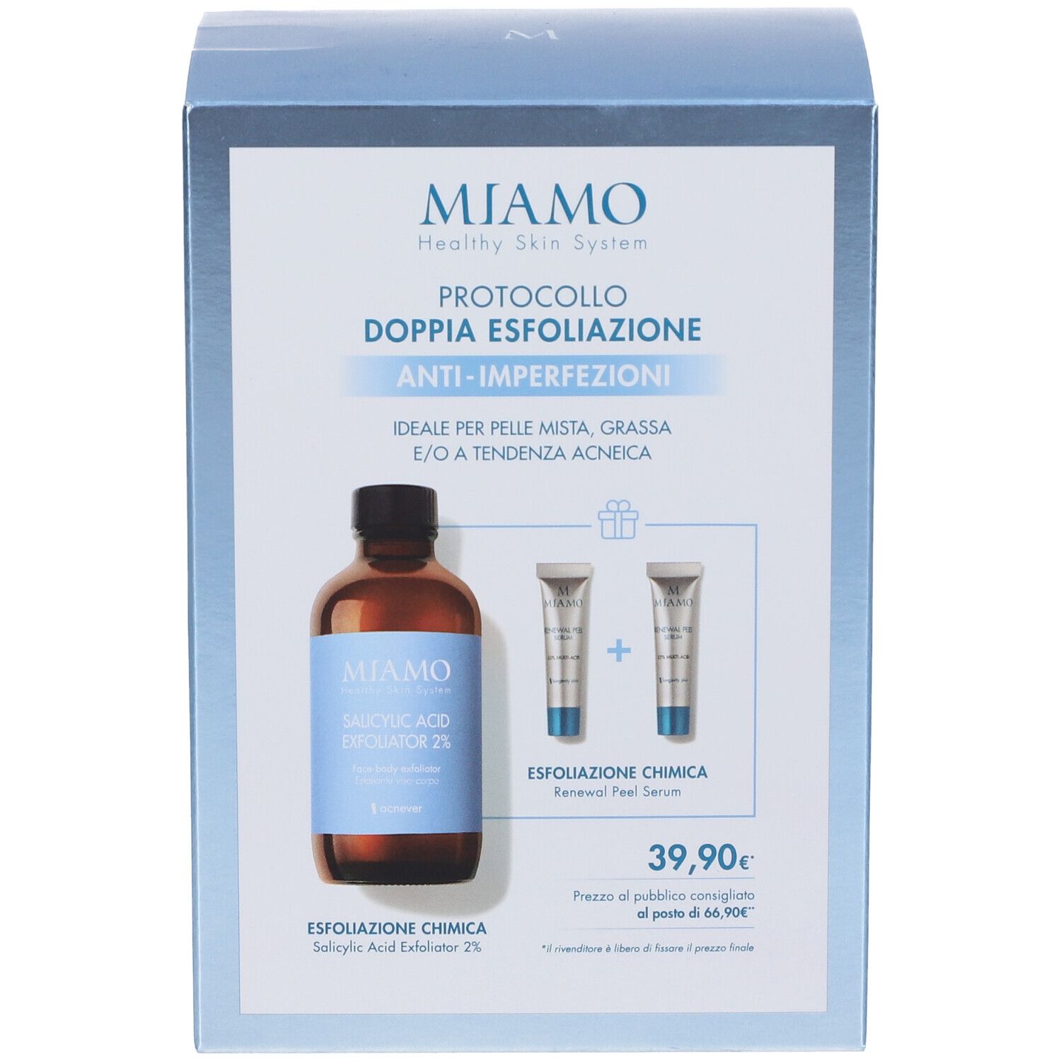 Scatola MIAMO con immagine del prodotto. Contiene flacone, due tubi e testo.