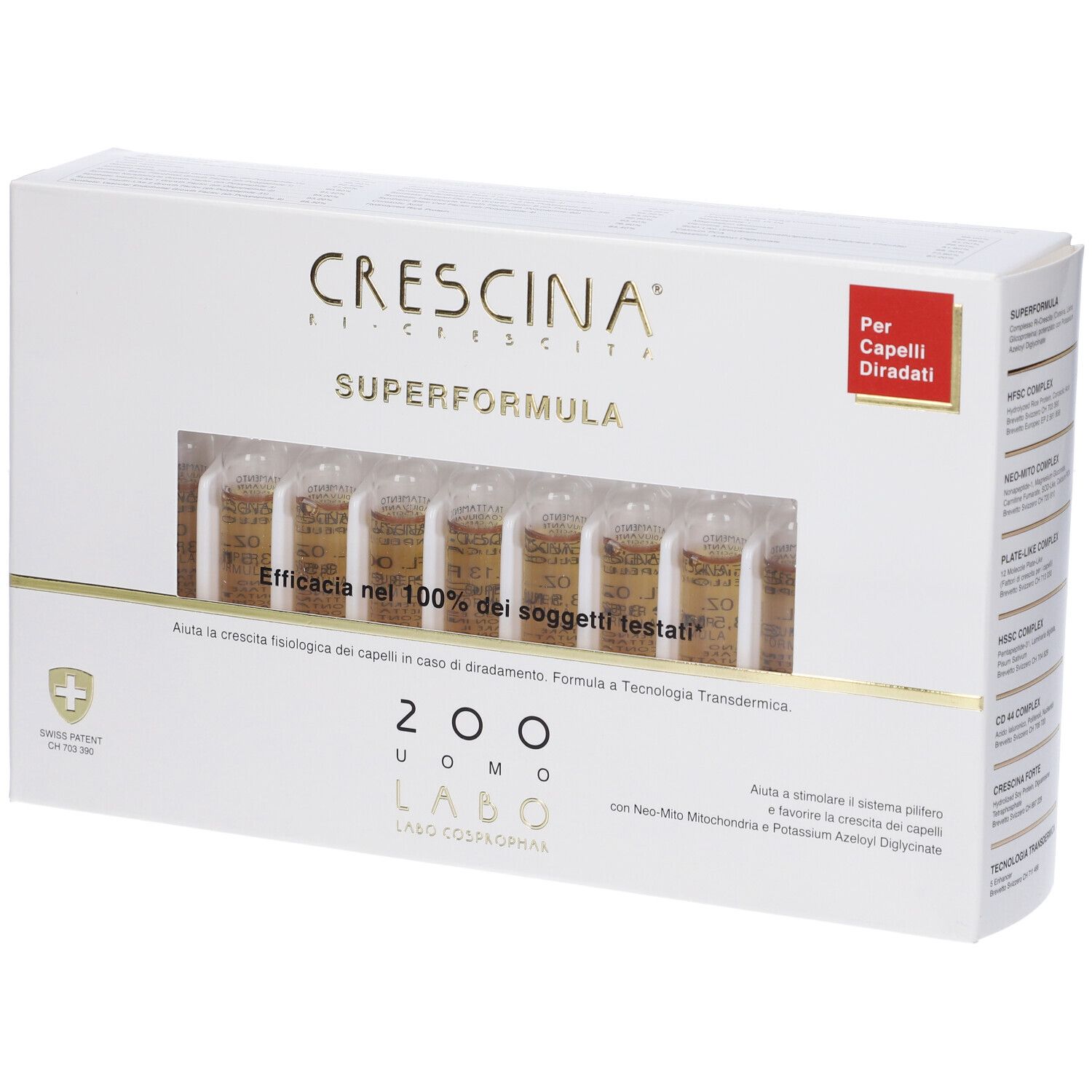 Scatola bianca con fiale. Scritta: Crescina Superformula, 200 Uomo, Labo. Segno rosso: Per Capelli Diradati.