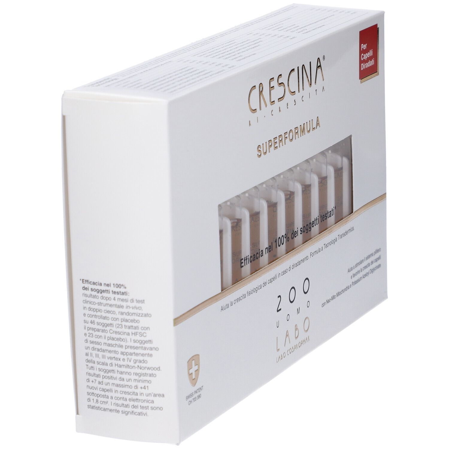 Confezione prodotto bianca inclinata. Scritta: Crescina Superformula, 200 Uomo, Labo. Segno rosso: Per Capelli Diradati.