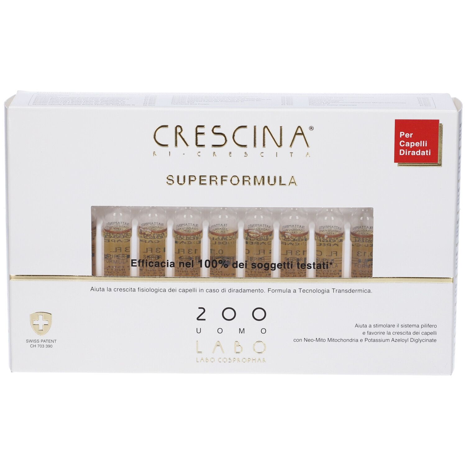 Scatola bianca con fiale. Scritta: Crescina Superformula, 200 Uomo, Labo. Segno rosso: Per Capelli Diradati.