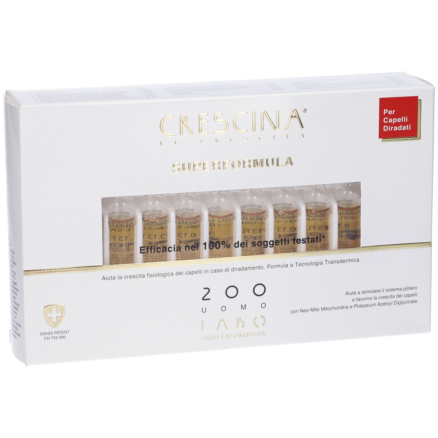 Scatola bianca con fiale. Scritta: Crescina Superformula, 200 Uomo, Labo. Segno rosso: Per Capelli Diradati.