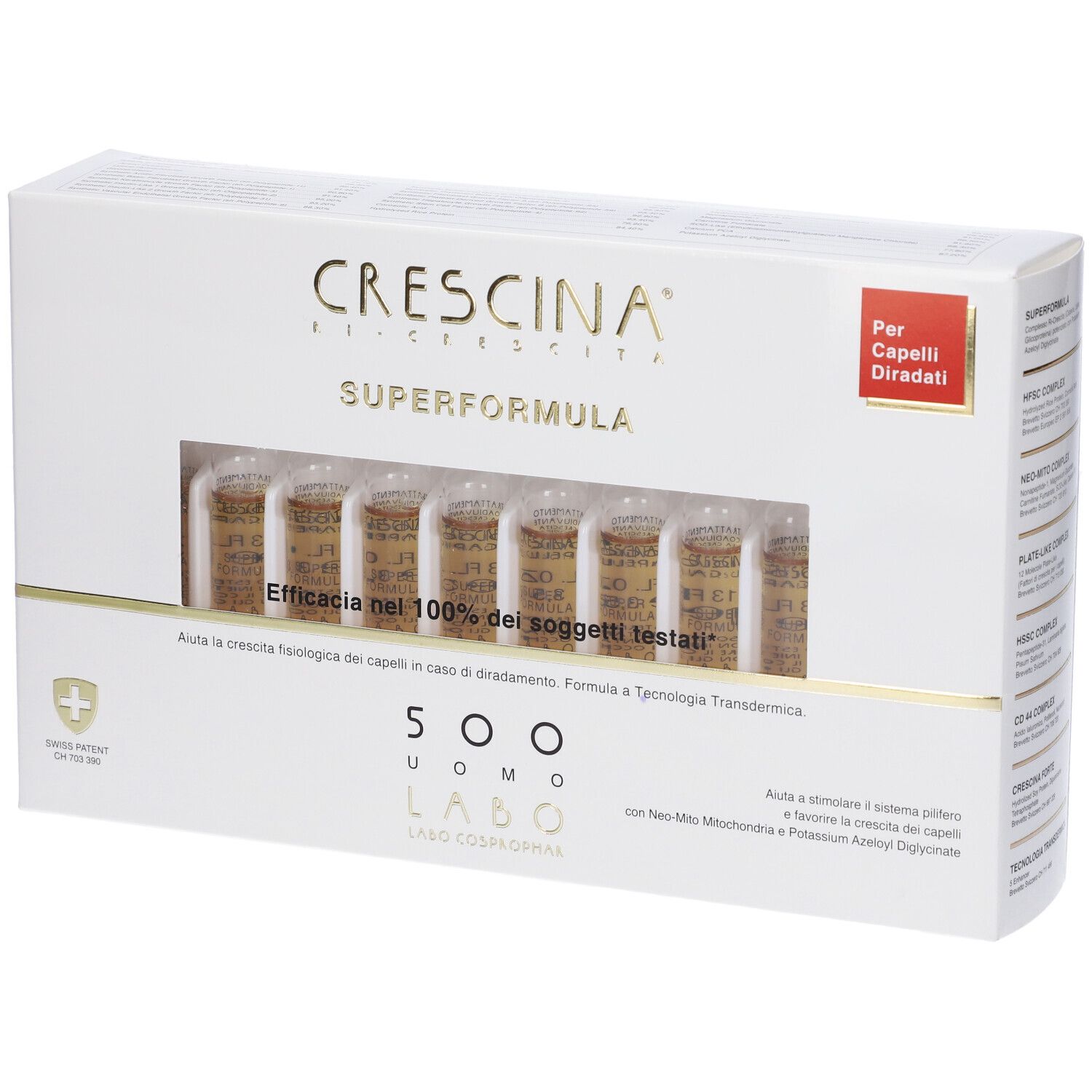 Confezione Crescina Super Formula 500 Uomo. Contiene fiale. Per capelli diradati.
