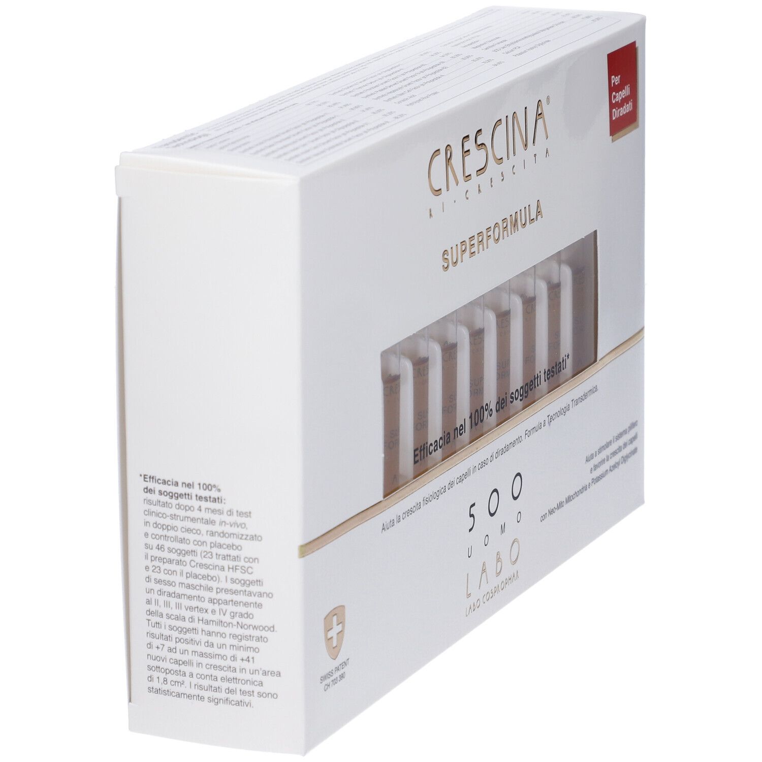 Scatola bianca Crescina Super Formula 500 Uomo. Contiene fiale. Per capelli diradati.