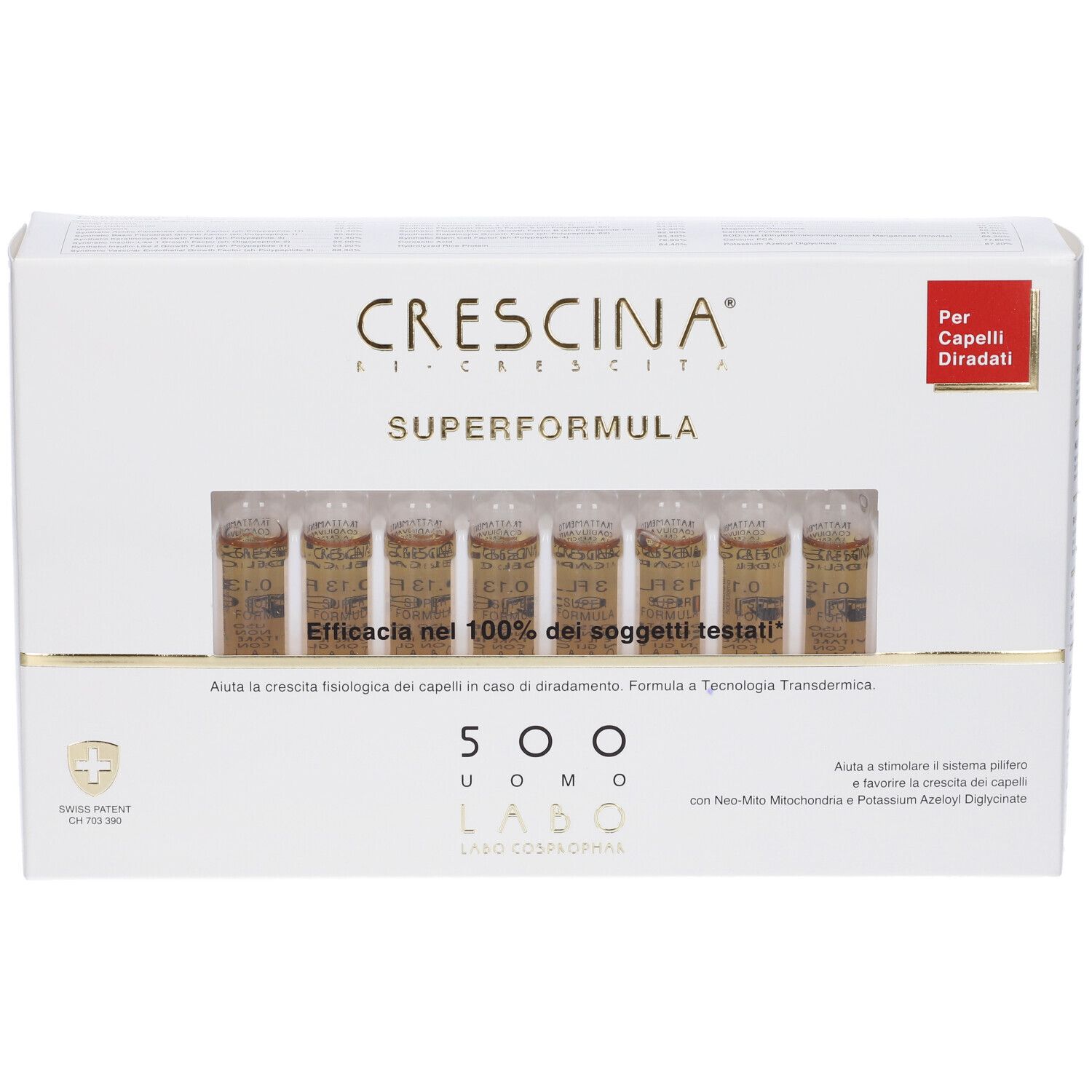 Confezione Crescina Super Formula 500 Uomo. Contiene fiale. Per capelli diradati.