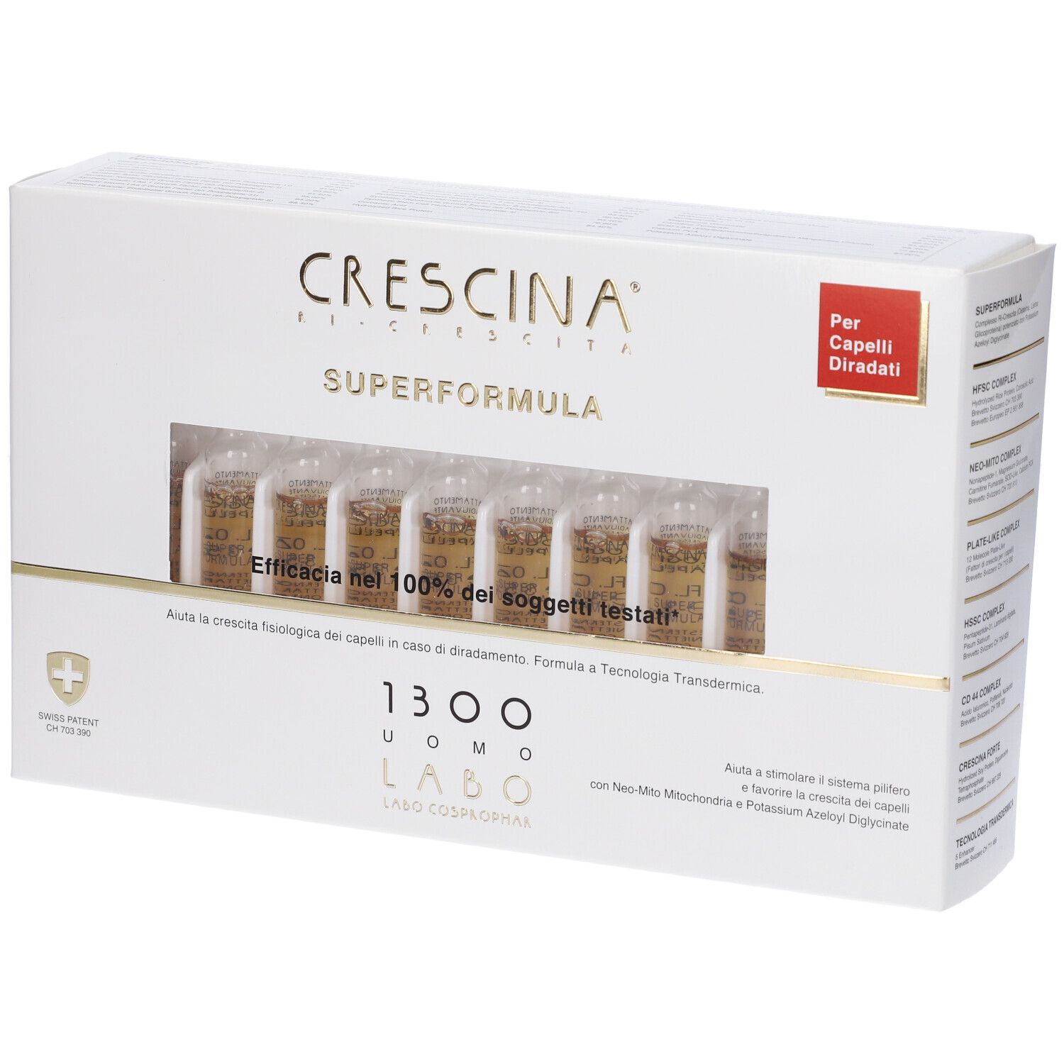 Scatola bianca con fiale. Scritta: Crescina Superformula 1300 Uomo. Fiale visibili.
