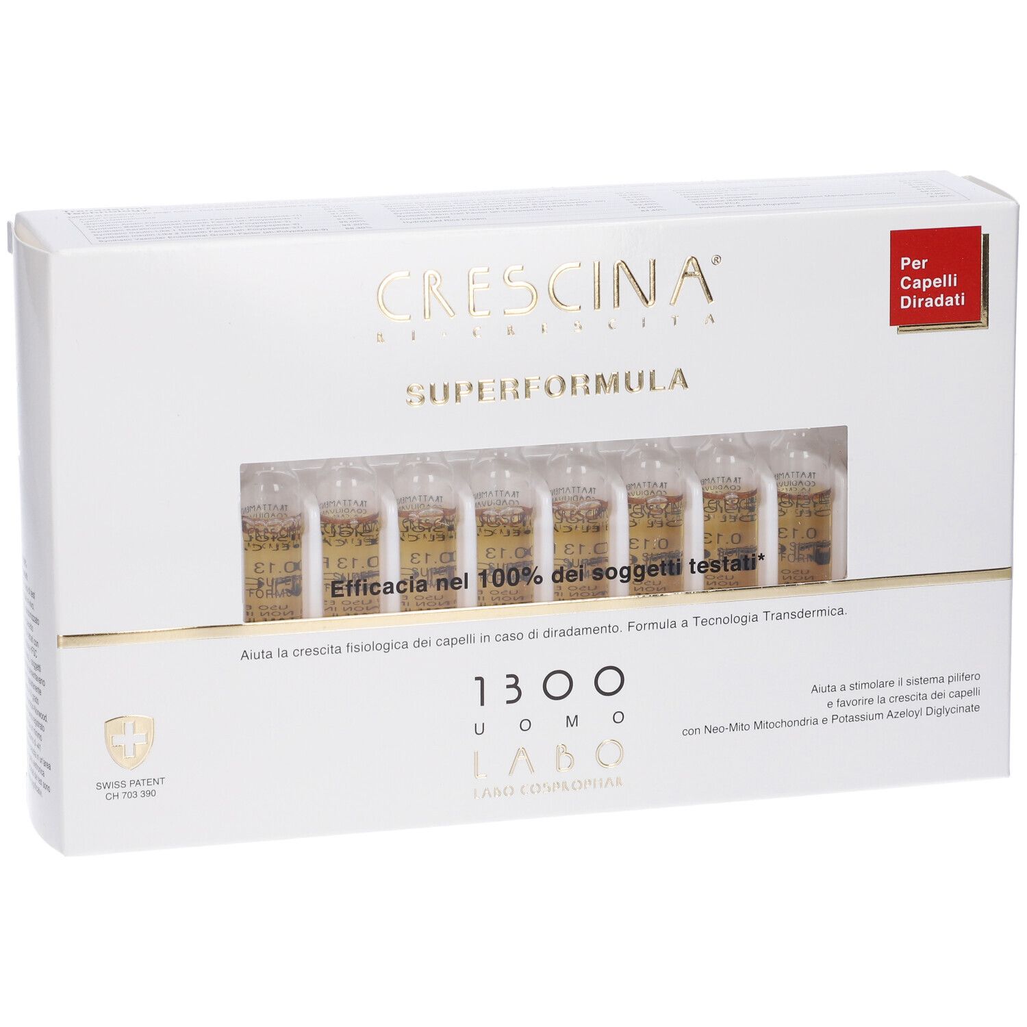 Scatola bianca con fiale. Scritta: Crescina Superformula 1300 Uomo. Fiale visibili.