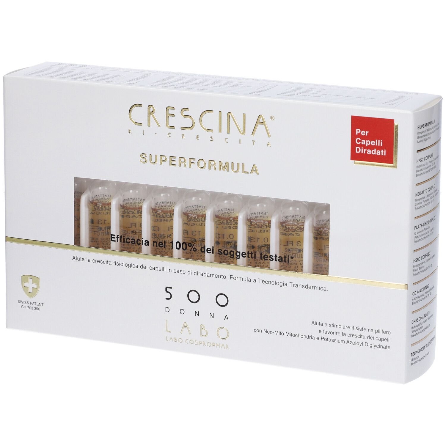 Scatola bianca con fiale. Scritto: Crescina, Superformula, 500 Donna. Finestra con fiale visibili.