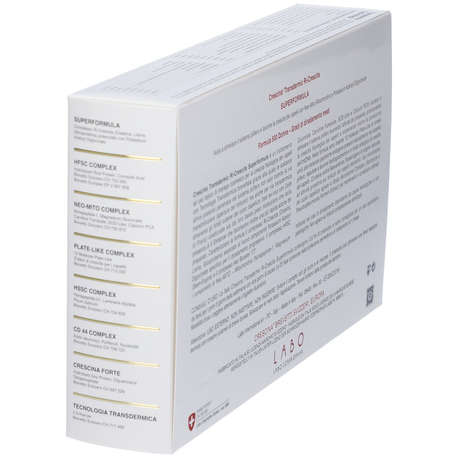 Scatola inclinata con testo. Nome prodotto: Crescina Superformula. Logo e testo multilingue.
