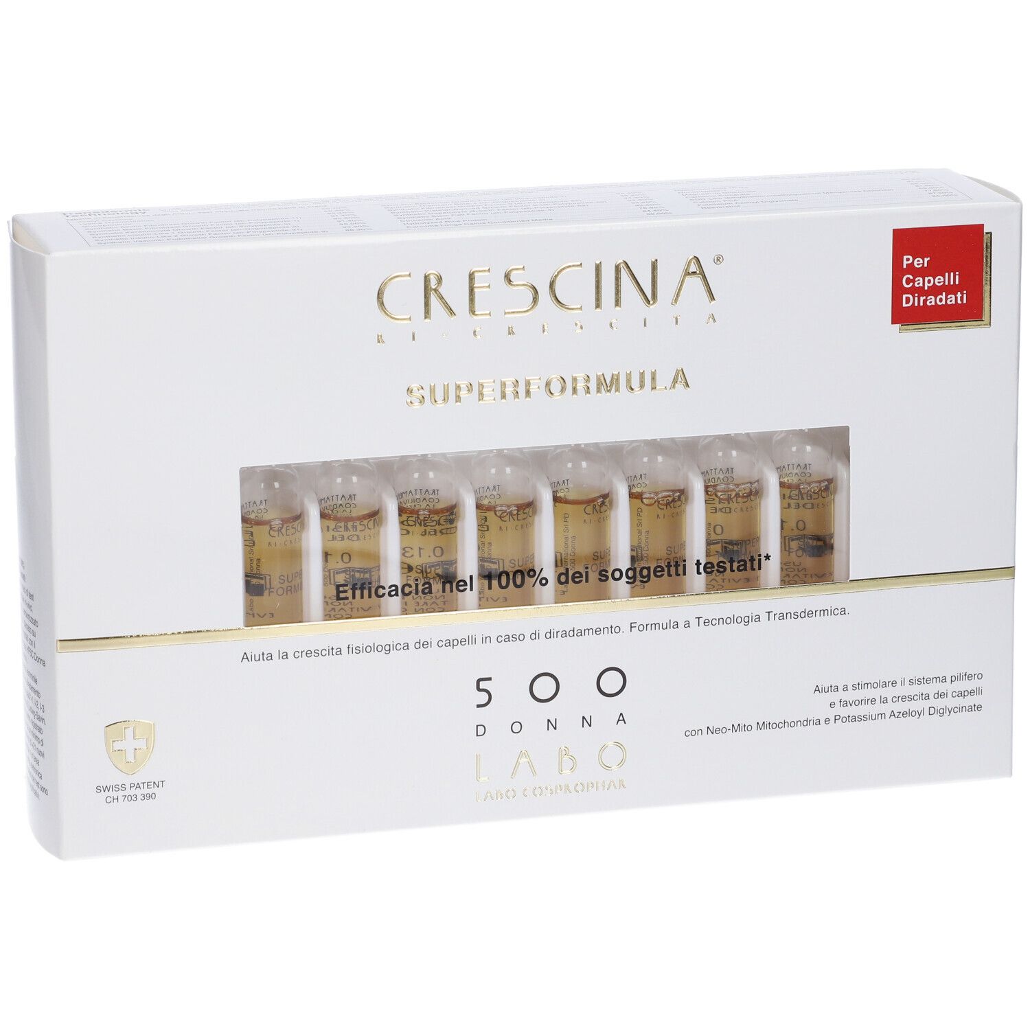 Scatola bianca con fiale. Scritto: Crescina, Superformula, 500 Donna. Finestra con fiale visibili.
