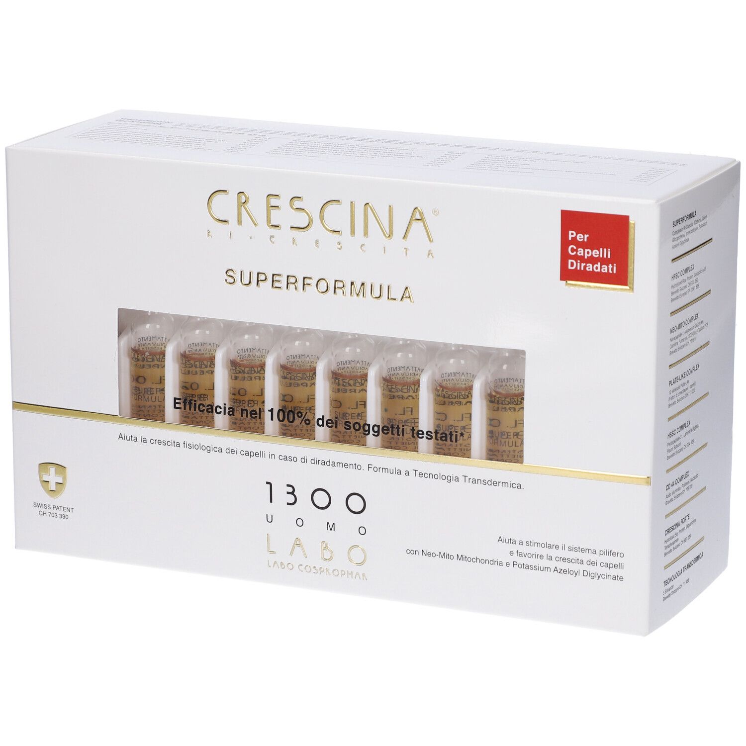 Scatola bianca con nome prodotto e fiale. Finestra mostra 7 fiale. Adesivo rosso con testo.