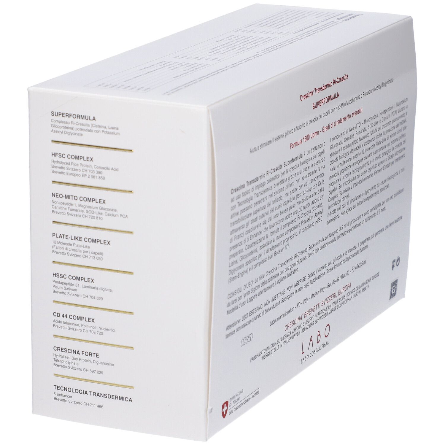 Scatola angolata. Testo e nomi dei prodotti. Croce svizzera e logo. Testo multilingue.