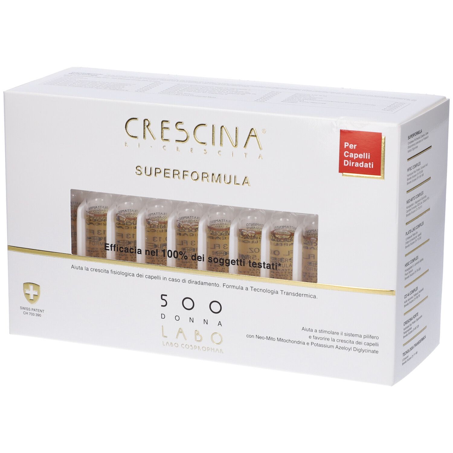 Scatola bianca con fiale. Scritta: Crescina Superformula 500 Donna. Croce svizzera.