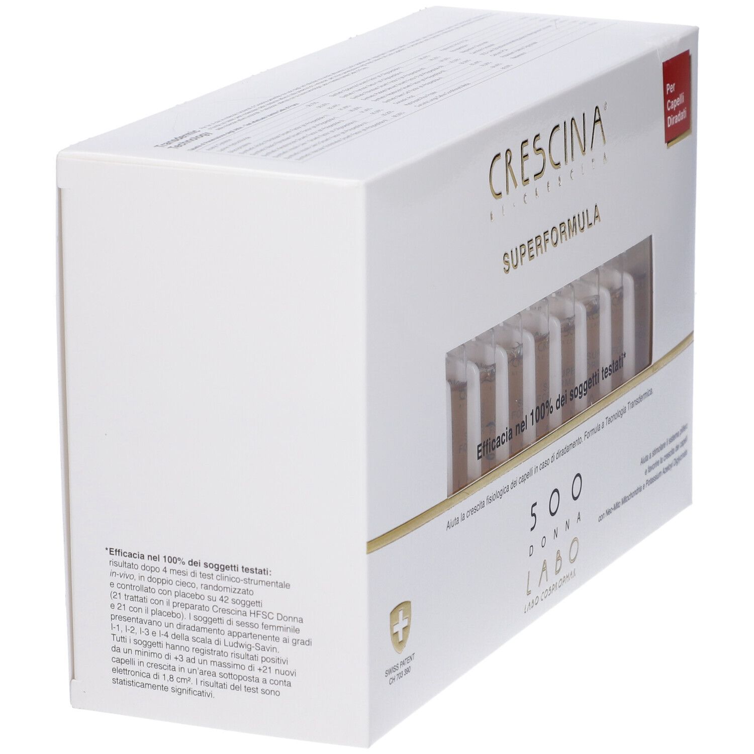 Scatola bianca, angolata. Scritta: Crescina Superformula. Finestra con fiale. Croce svizzera.