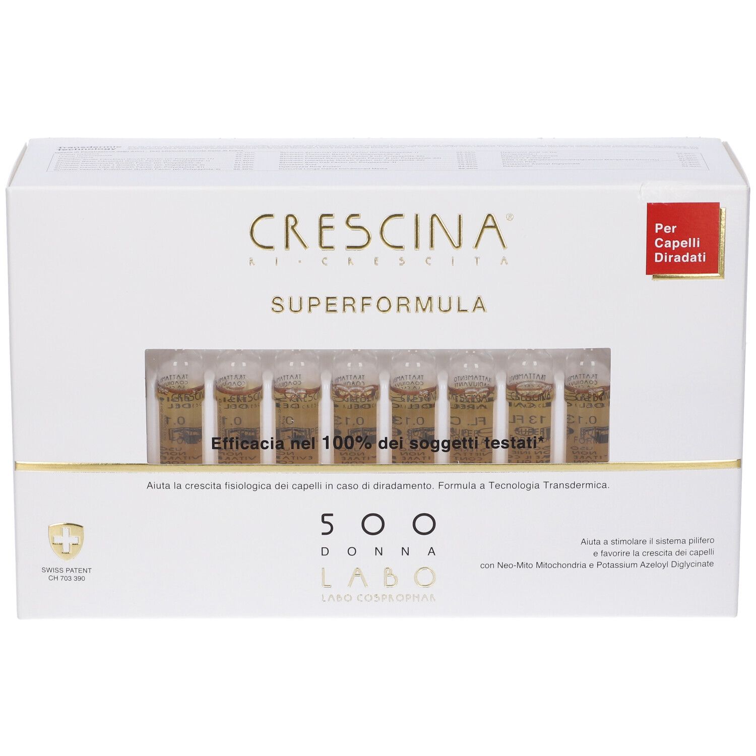 Scatola bianca con fiale. Scritta: Crescina Superformula 500 Donna. Croce svizzera.