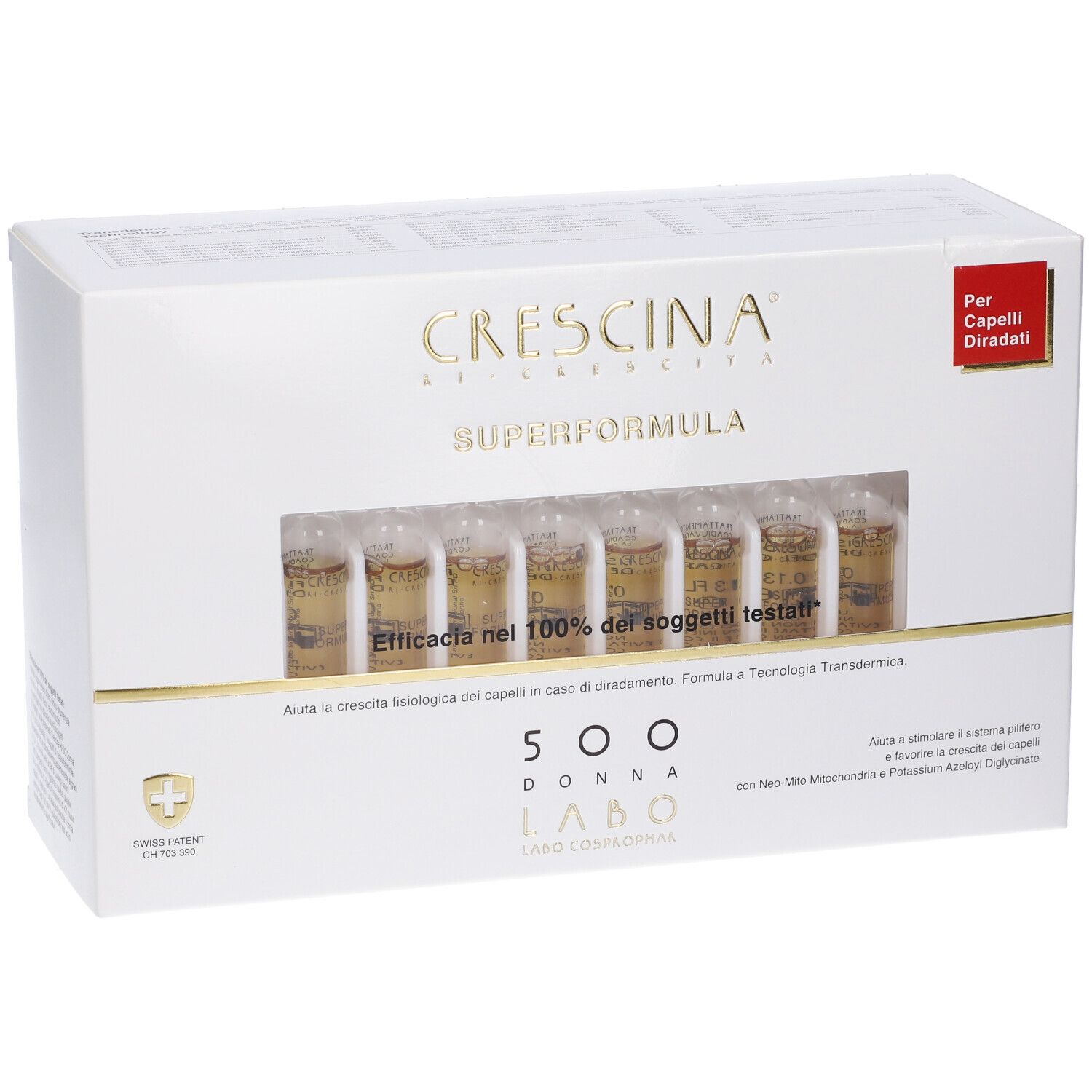 Scatola bianca con fiale. Scritta: Crescina Superformula 500 Donna. Croce svizzera.