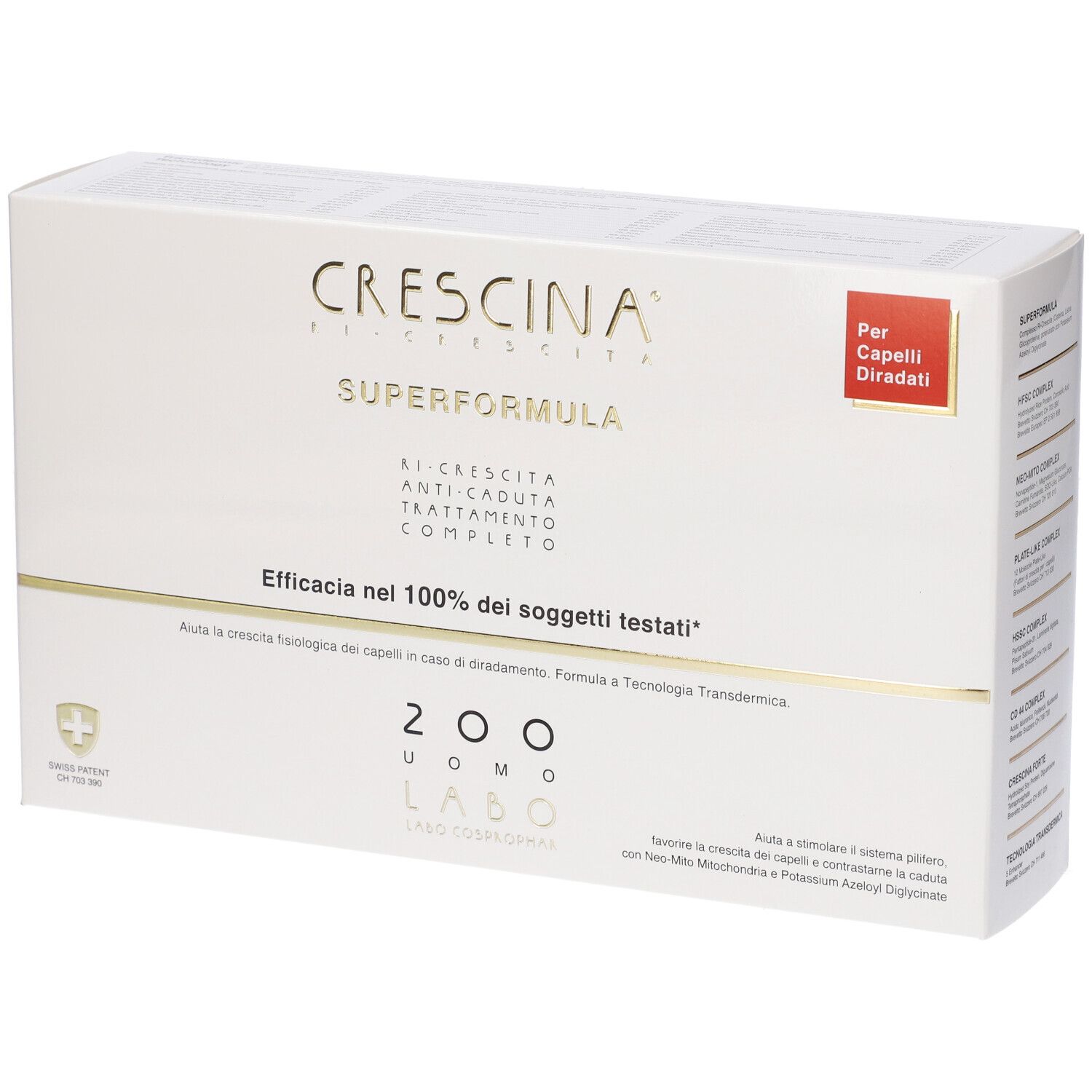 Scatola bianca con testo dorato. Scritto: Crescina Superformula, 200 Uomo. Per capelli diradati.