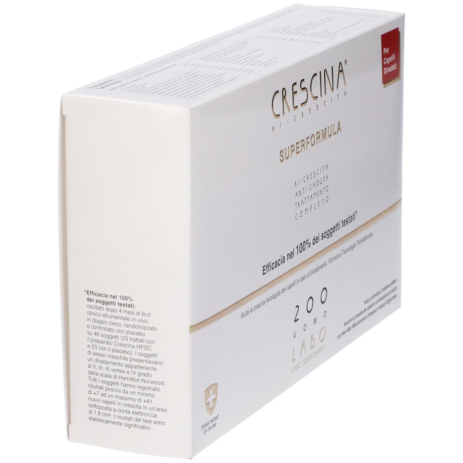 Scatola bianca, vista obliqua. Scritto: Crescina Superformula, 200 Uomo. Per capelli diradati.