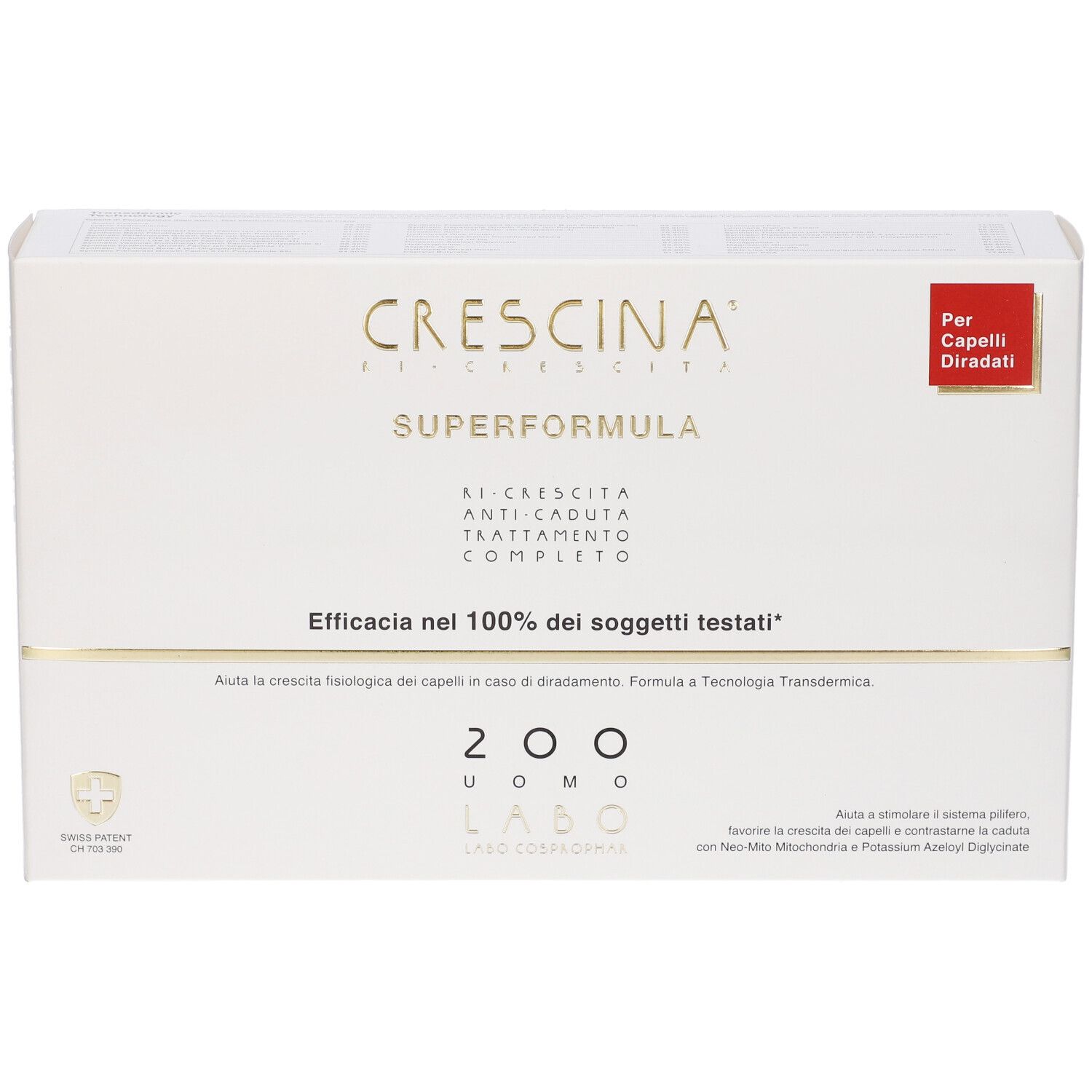 Scatola bianca con testo dorato. Scritto: Crescina Superformula, 200 Uomo. Per capelli diradati.