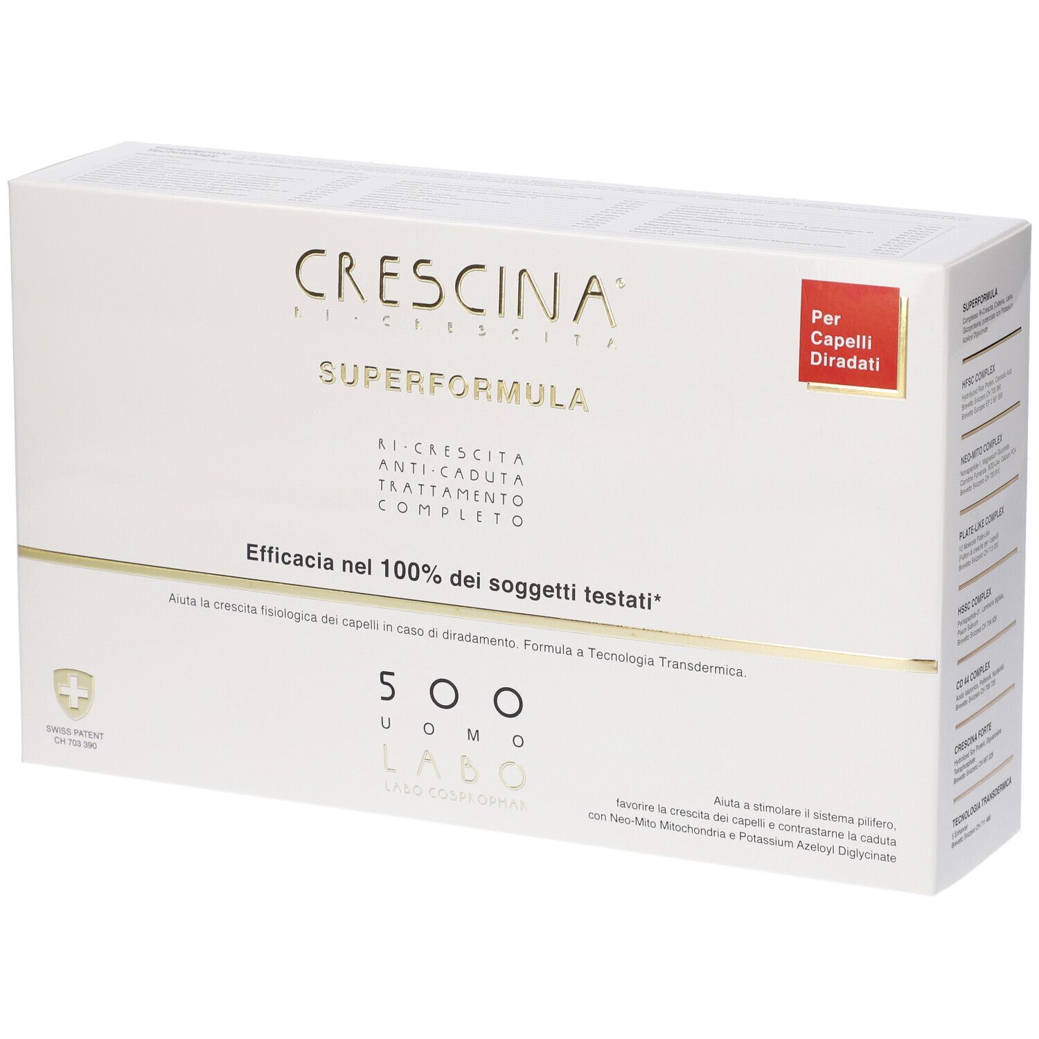 Scatola Crescina Super Formula. Bianca con testo dorato. Contiene 500 Uomo Labo. Etichetta rossa: Per Capelli Diradati.