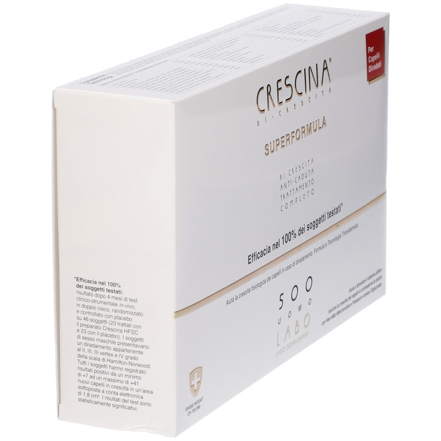Scatola Crescina Super Formula, angolata. Bianca con testo dorato. Etichetta rossa: Per Capelli Diradati. Testo in italiano.